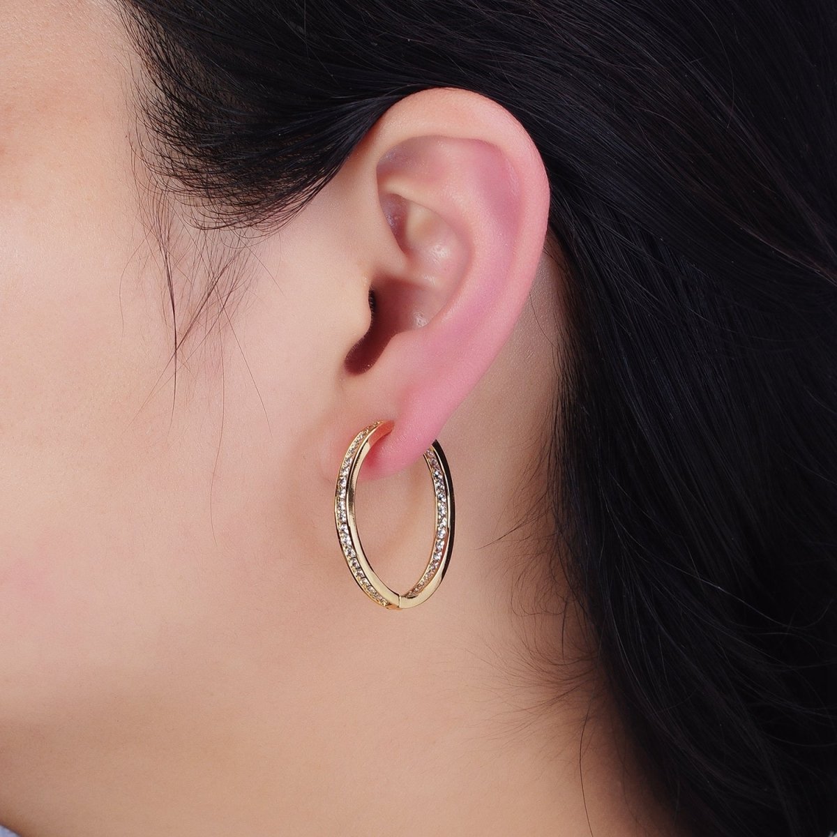 16K Gold Filled 50mm, 35mm, 30mm Clear CZ Micro Paved Front-Facing Endless Hoop Earrings in Gold & Silver | AD826 AD827, AE029 - AE032