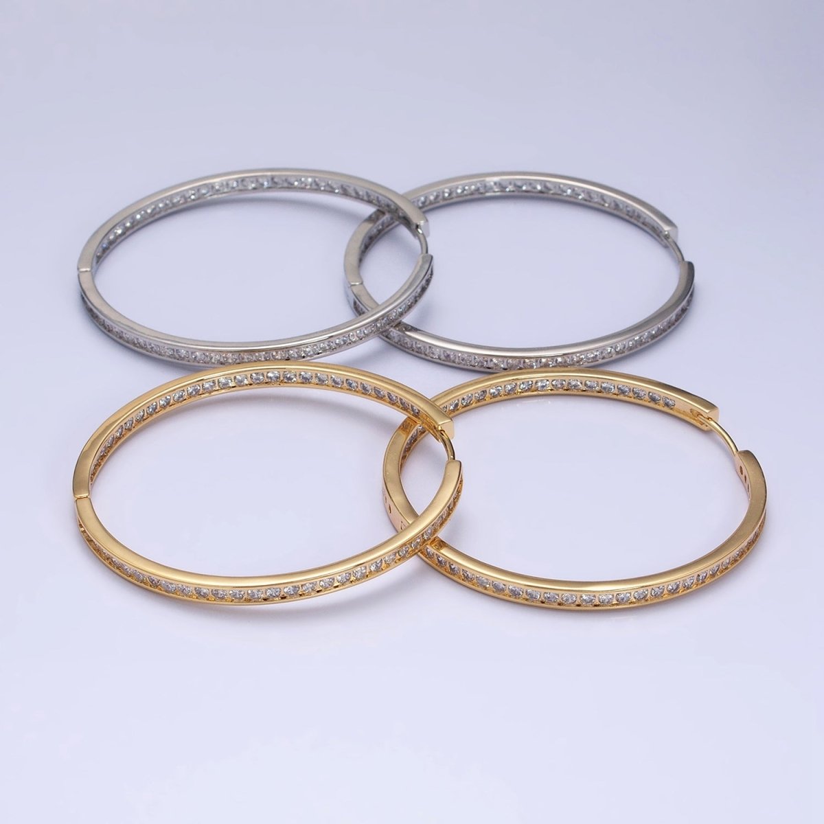 16K Gold Filled 50mm, 35mm, 30mm Clear CZ Micro Paved Front-Facing Endless Hoop Earrings in Gold & Silver | AD826 AD827, AE029 - AE032