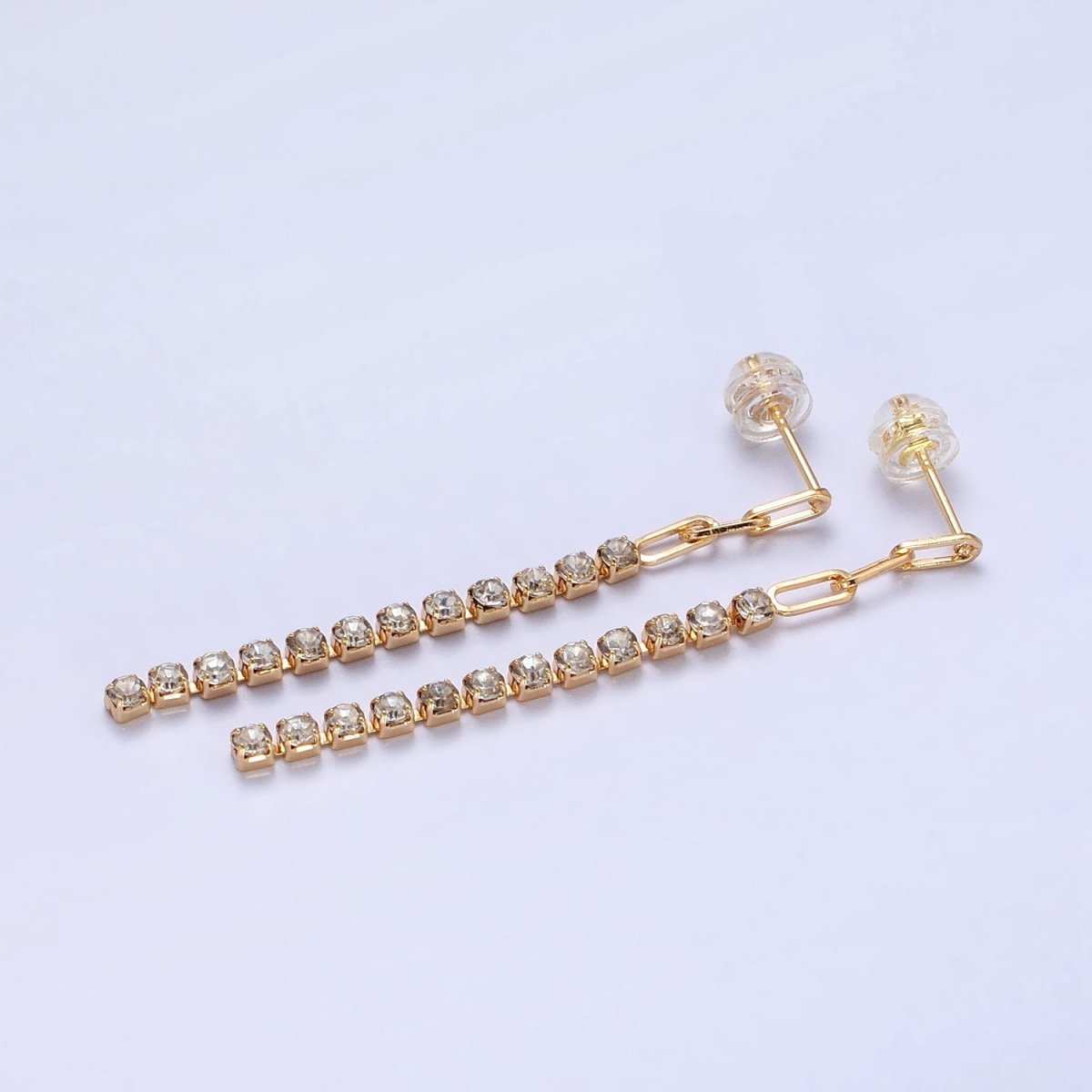 16K Gold Filled 52.5mm Triple Paperclip Link Clear Tennis CZ Chain Linear Drop Stud Earrings | AB386