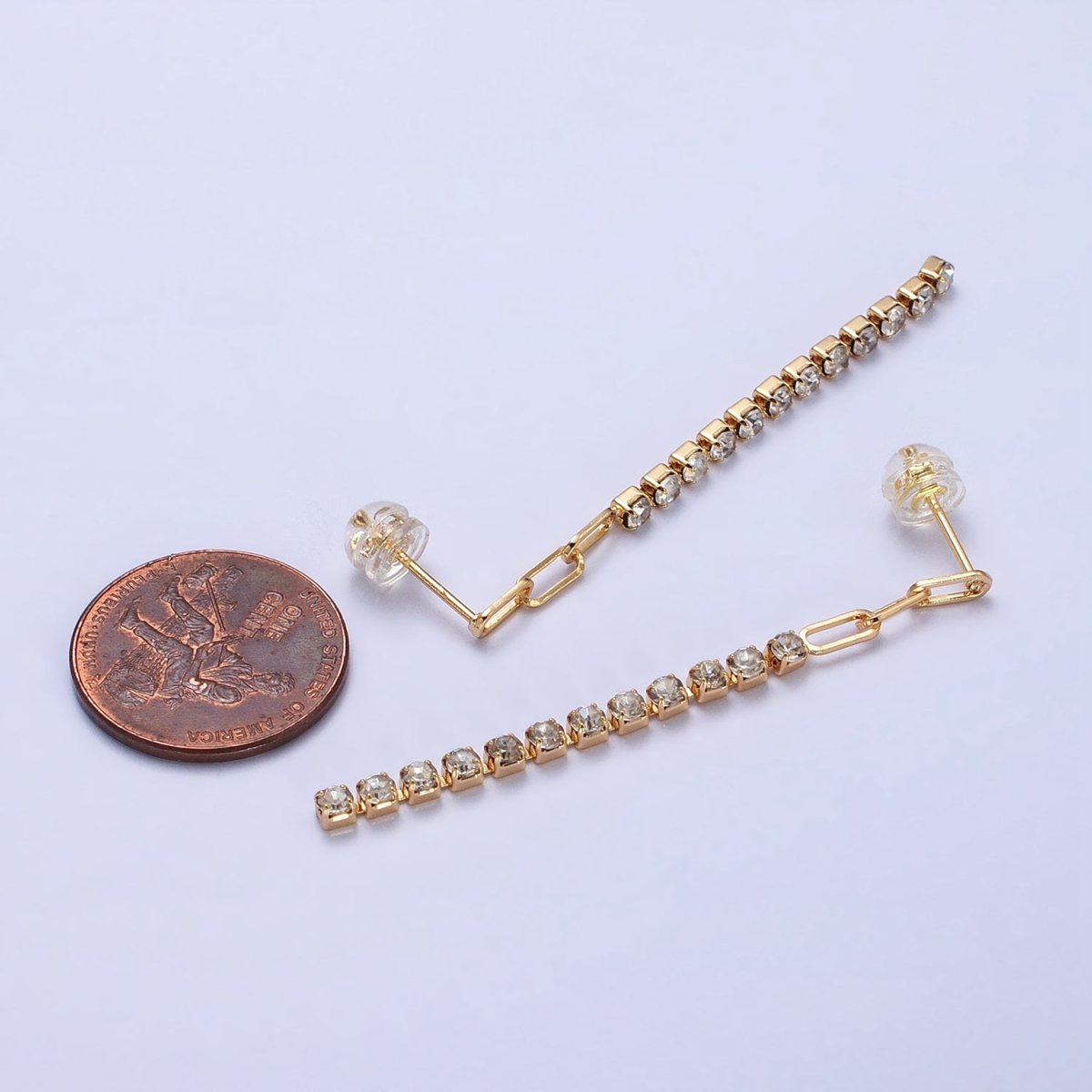 16K Gold Filled 52.5mm Triple Paperclip Link Clear Tennis CZ Chain Linear Drop Stud Earrings | AB386