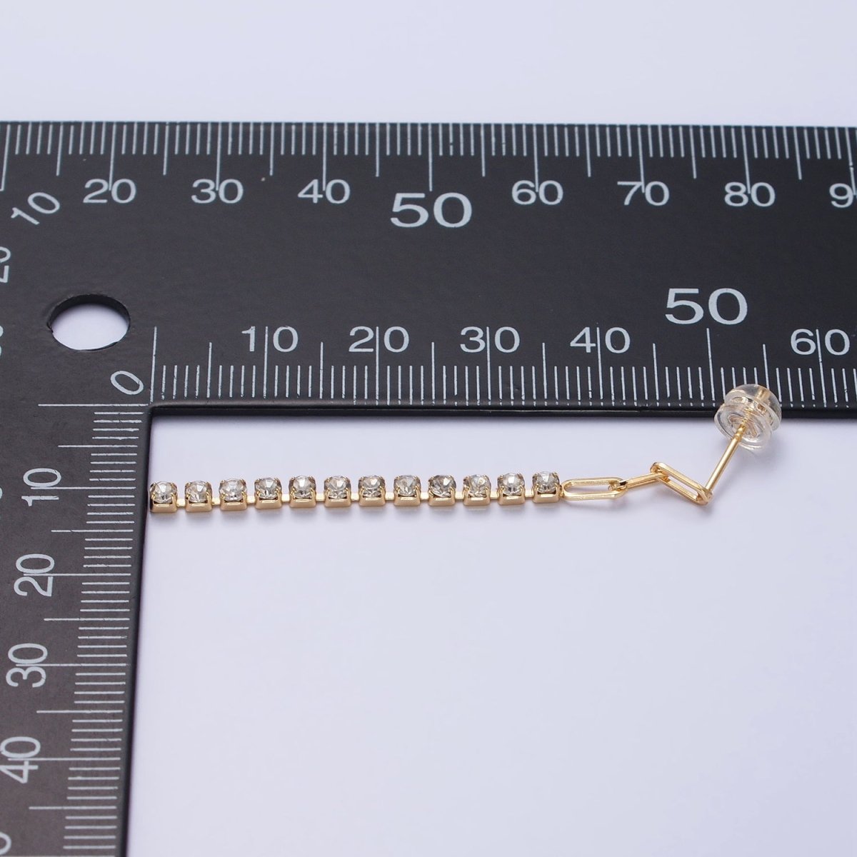 16K Gold Filled 52.5mm Triple Paperclip Link Clear Tennis CZ Chain Linear Drop Stud Earrings | AB386
