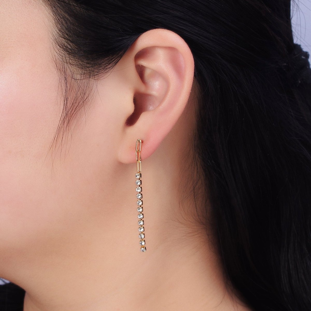 16K Gold Filled 52.5mm Triple Paperclip Link Clear Tennis CZ Chain Linear Drop Stud Earrings | AB386