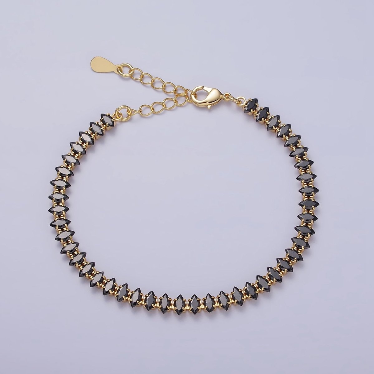 16K Gold Filled 5mm Clear, Green, Black & White, Black, Pink CZ Marquise Tennis 6.5 Inches with Extender | WA-1834 - WA-1839 Clearance Pricing
