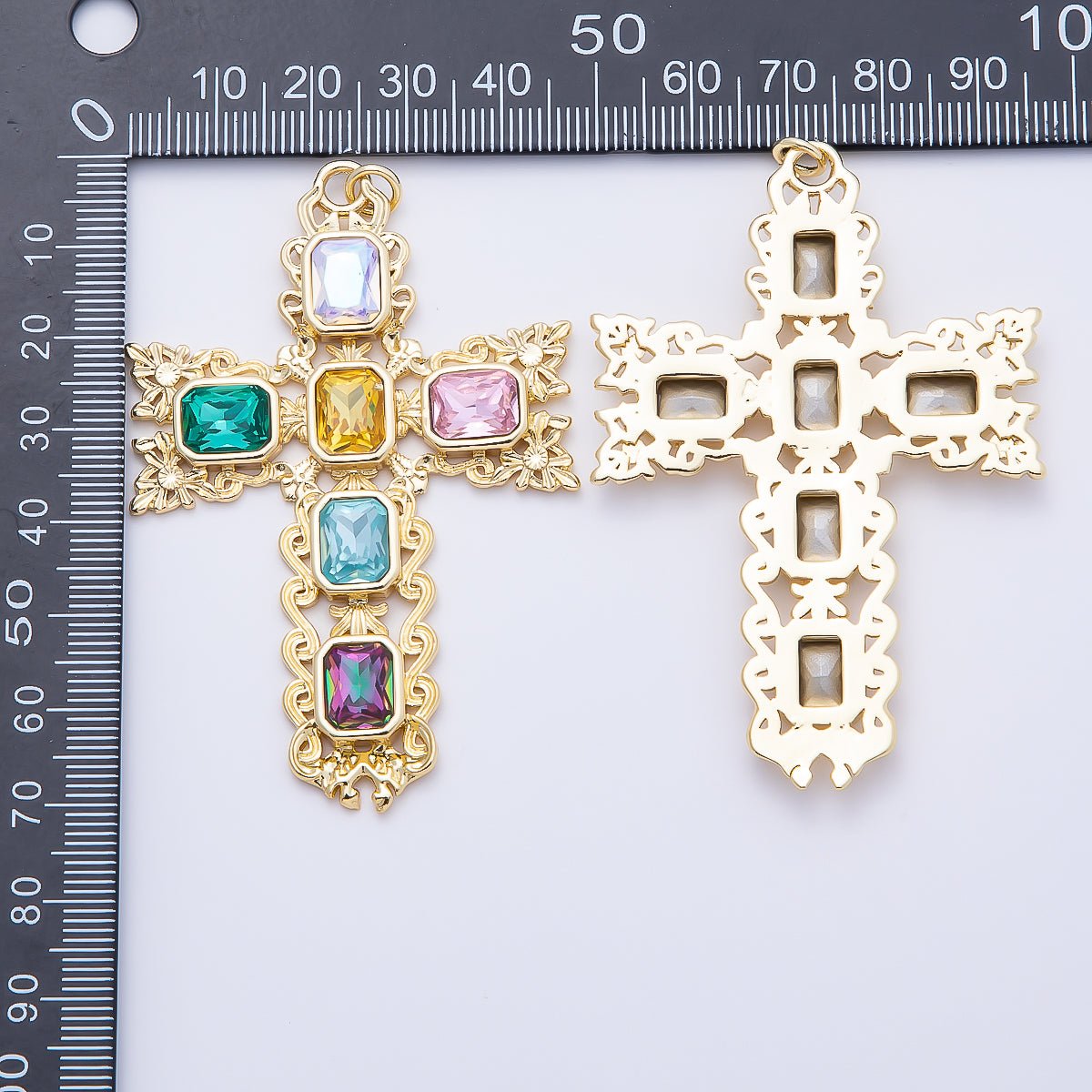 16K Gold Filled 70mm Multicolor Baguette Artisan Cross Charm in Gold & Silver | Charms-01199 Charms-01200