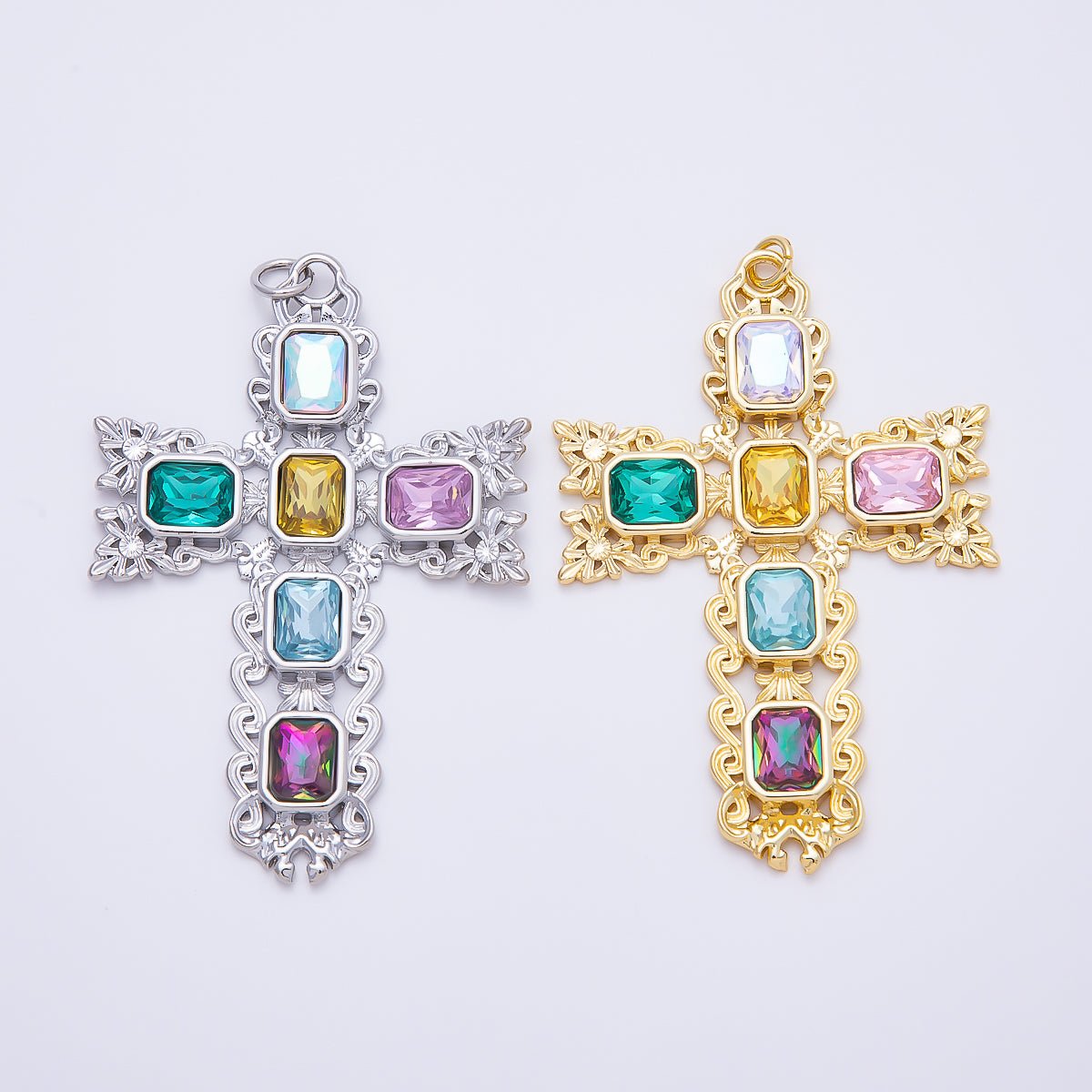 16K Gold Filled 70mm Multicolor Baguette Artisan Cross Charm in Gold & Silver | Charms-01199 Charms-01200