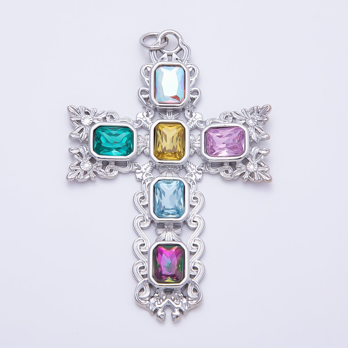 16K Gold Filled 70mm Multicolor Baguette Artisan Cross Charm in Gold & Silver | Charms-01199 Charms-01200