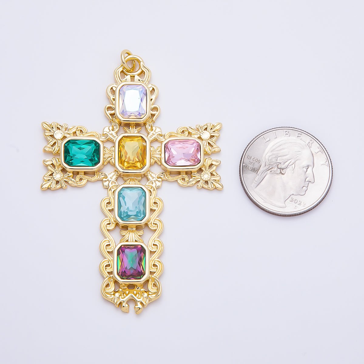 16K Gold Filled 70mm Multicolor Baguette Artisan Cross Charm in Gold & Silver | Charms-01199 Charms-01200