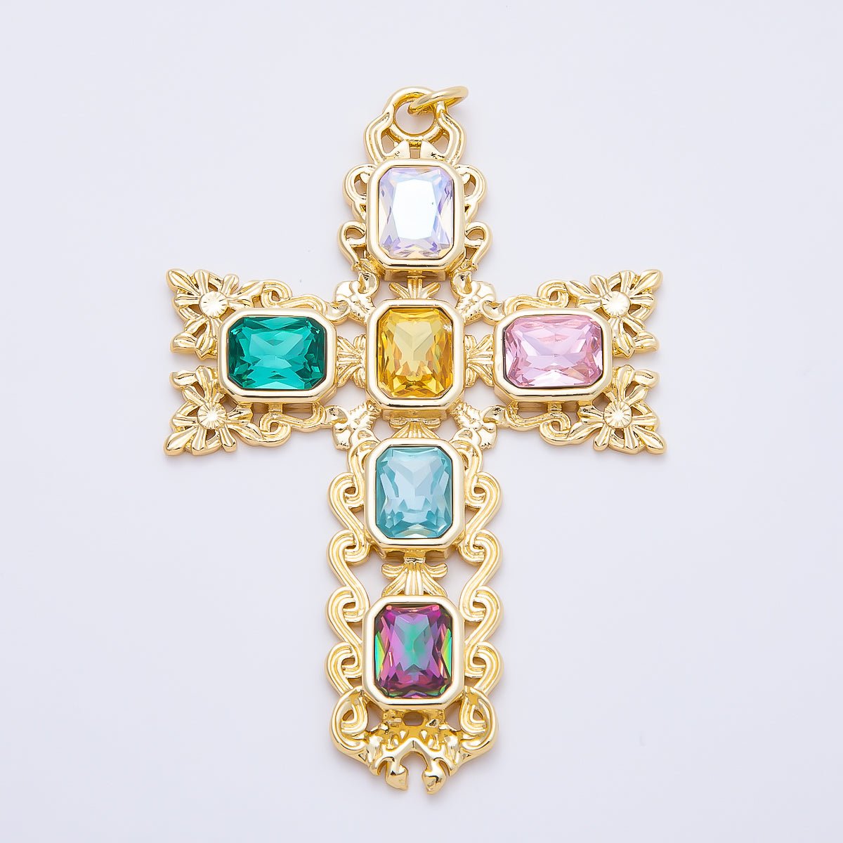 16K Gold Filled 70mm Multicolor Baguette Artisan Cross Charm in Gold & Silver | Charms-01199 Charms-01200