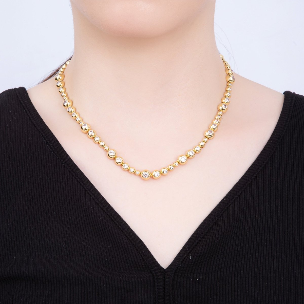 16K Gold Filled 8mm Clear CZ Round Graduated Bubble Ball Chain 17 Inch Necklace | WA-04248