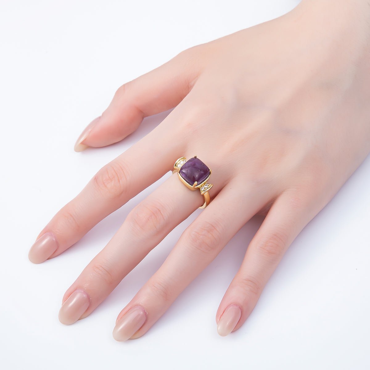 16K Gold Filled Amethyst, Aquamarine, Peridot, White Quartz Square Micro Paved CZ Ring | Rings-00109 ~ Rings-00112