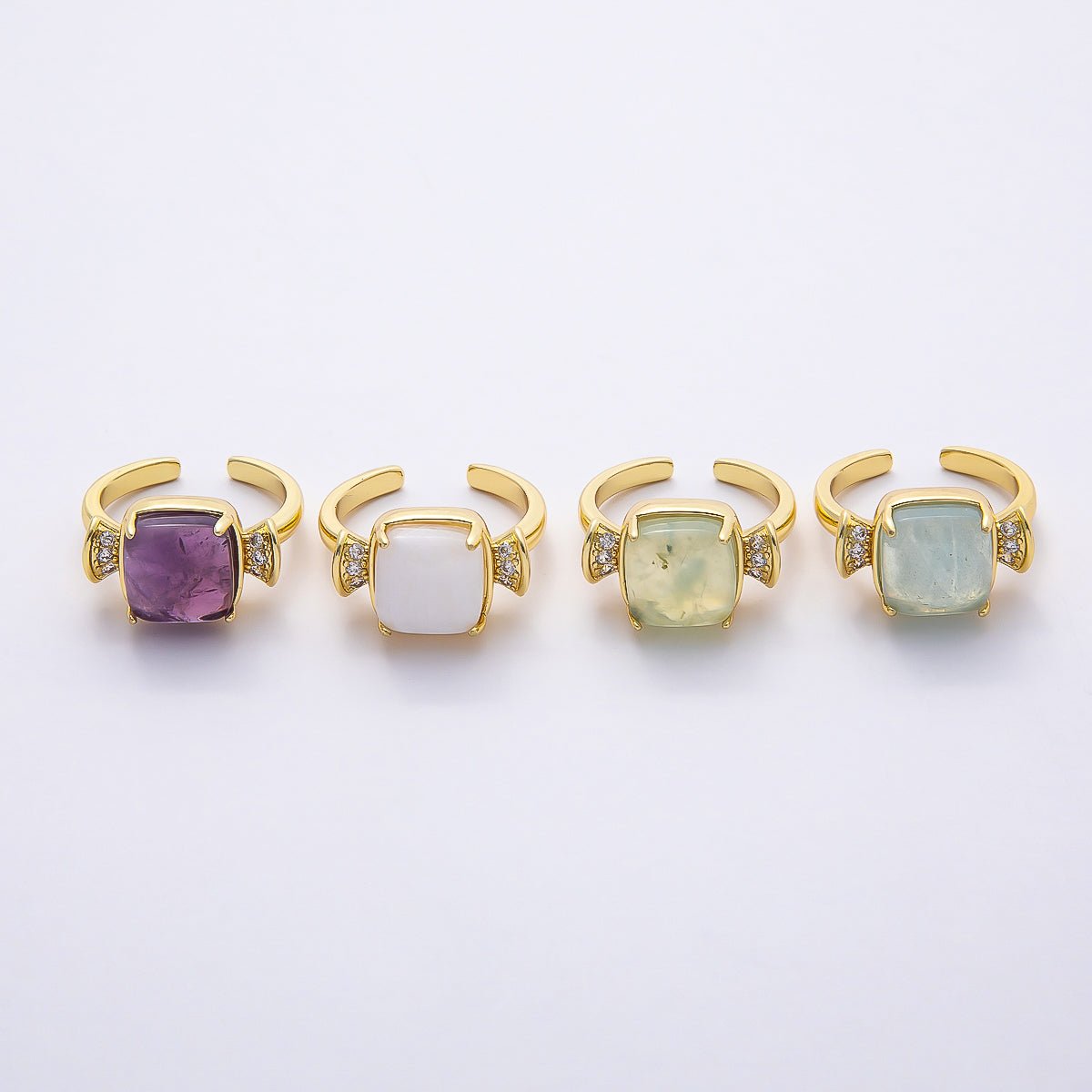 16K Gold Filled Amethyst, Aquamarine, Peridot, White Quartz Square Micro Paved CZ Ring | Rings-00109 ~ Rings-00112