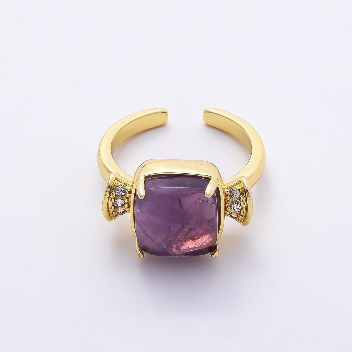 16K Gold Filled Amethyst, Aquamarine, Peridot, White Quartz Square Micro Paved CZ Ring | Rings-00109 ~ Rings-00112