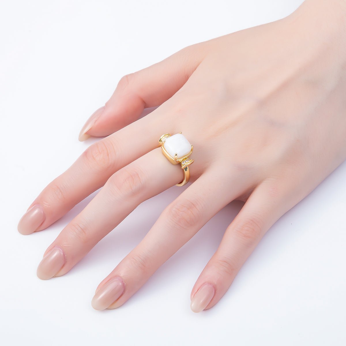 16K Gold Filled Amethyst, Aquamarine, Peridot, White Quartz Square Micro Paved CZ Ring | Rings-00109 ~ Rings-00112