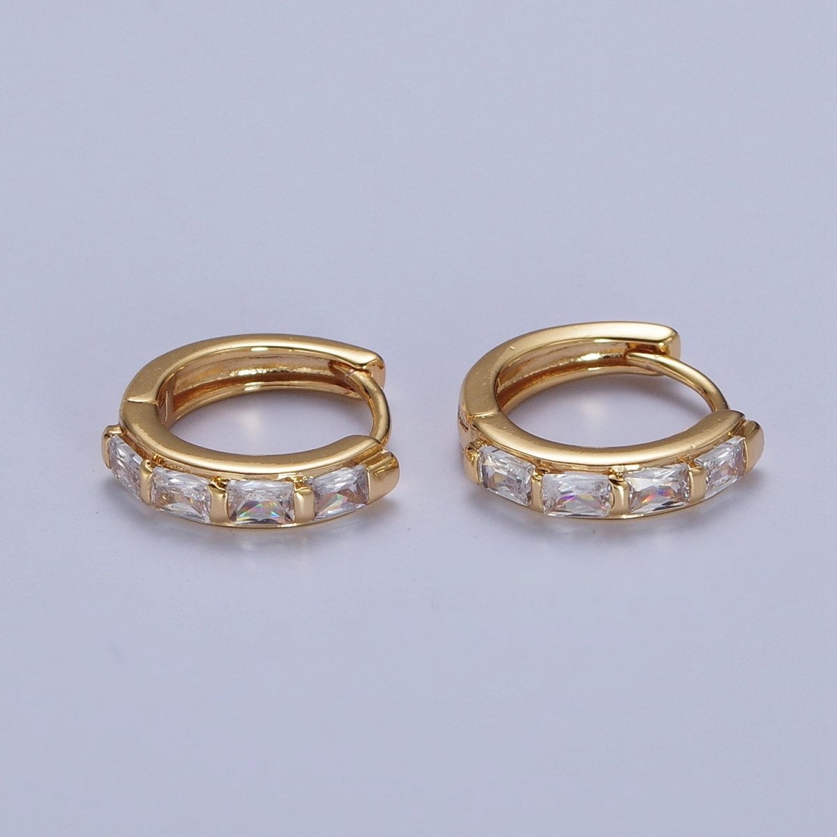 16K Gold Filled Baguette Cubic Zirconia Lined 13x14mm Huggie Hoops Earrings | AD-495