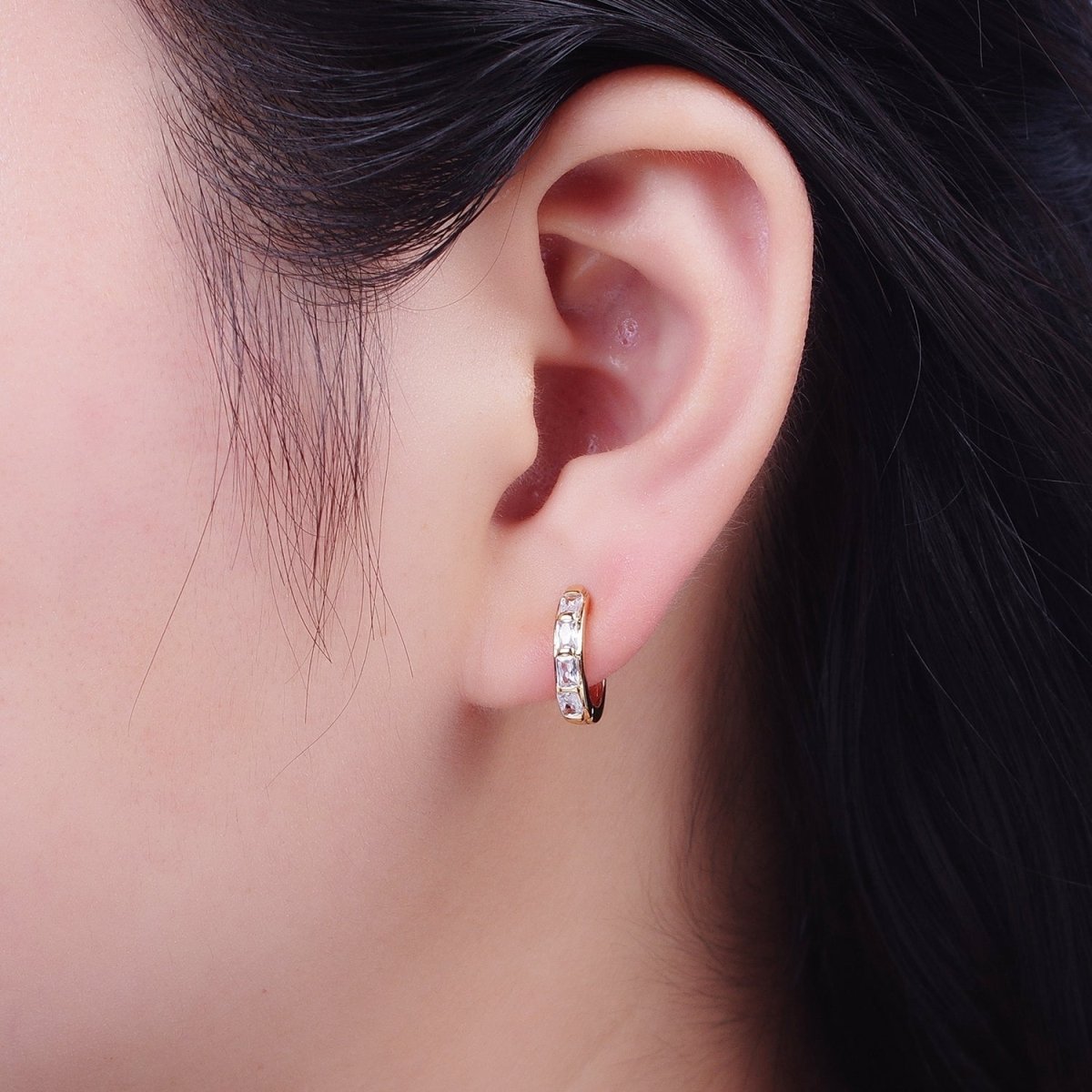 16K Gold Filled Baguette Cubic Zirconia Lined 13x14mm Huggie Hoops Earrings | AD-495