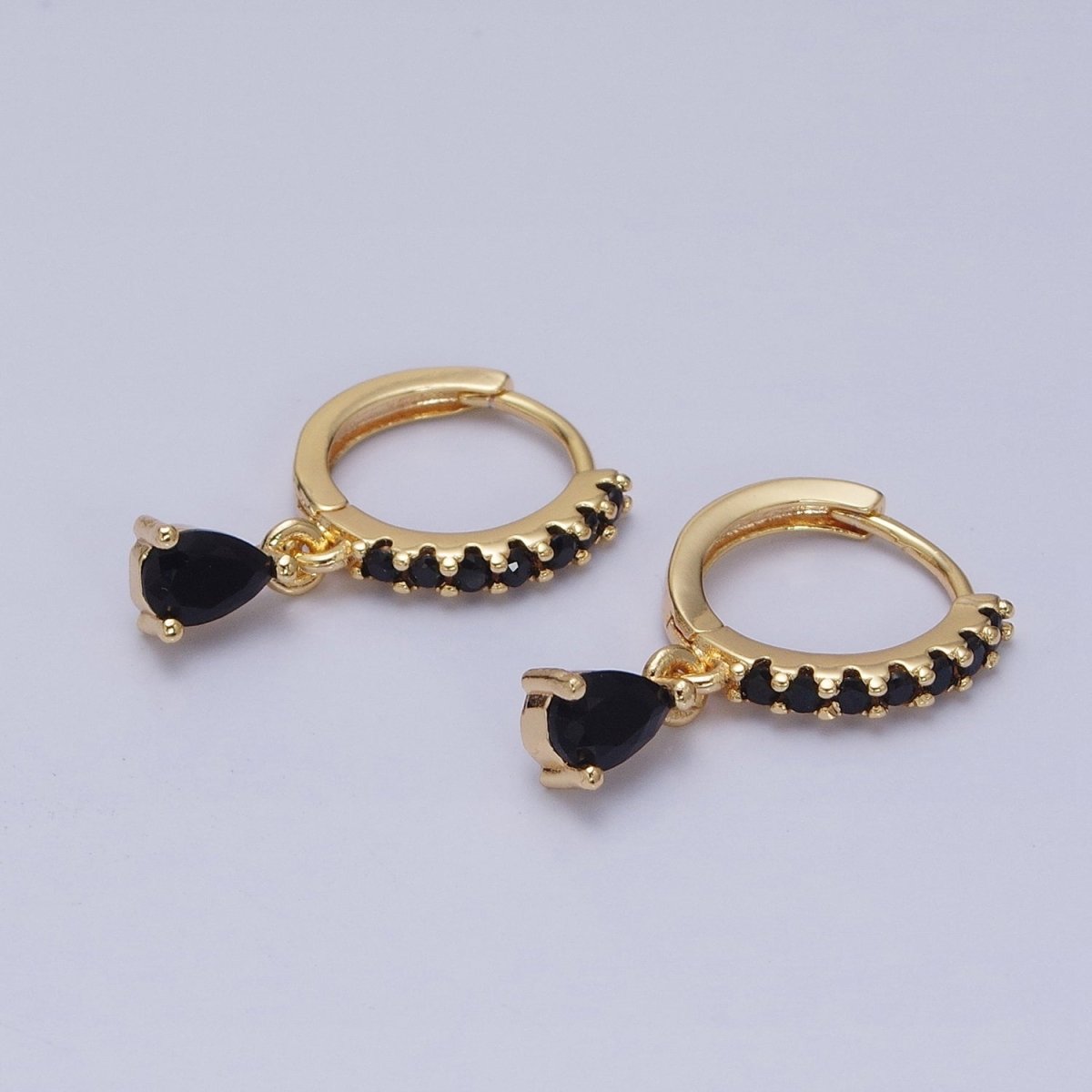 16K Gold Filled Black CZ Teardrop Micro Paved Huggie Earrings in Gold & Silver | AD839 AD840