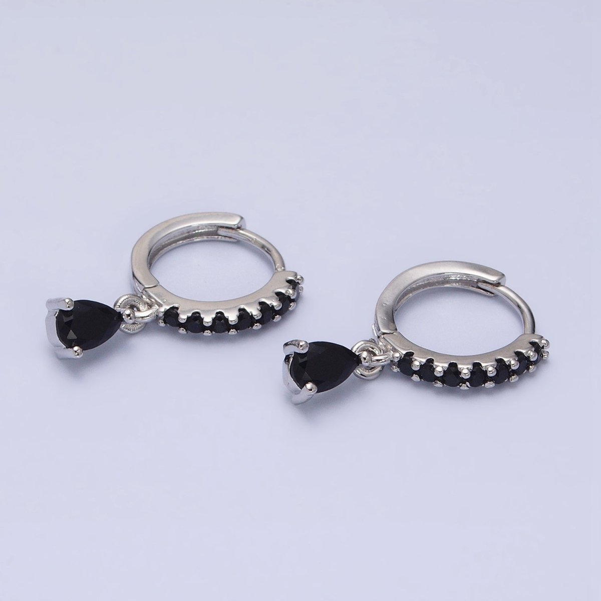 16K Gold Filled Black CZ Teardrop Micro Paved Huggie Earrings in Gold & Silver | AD839 AD840