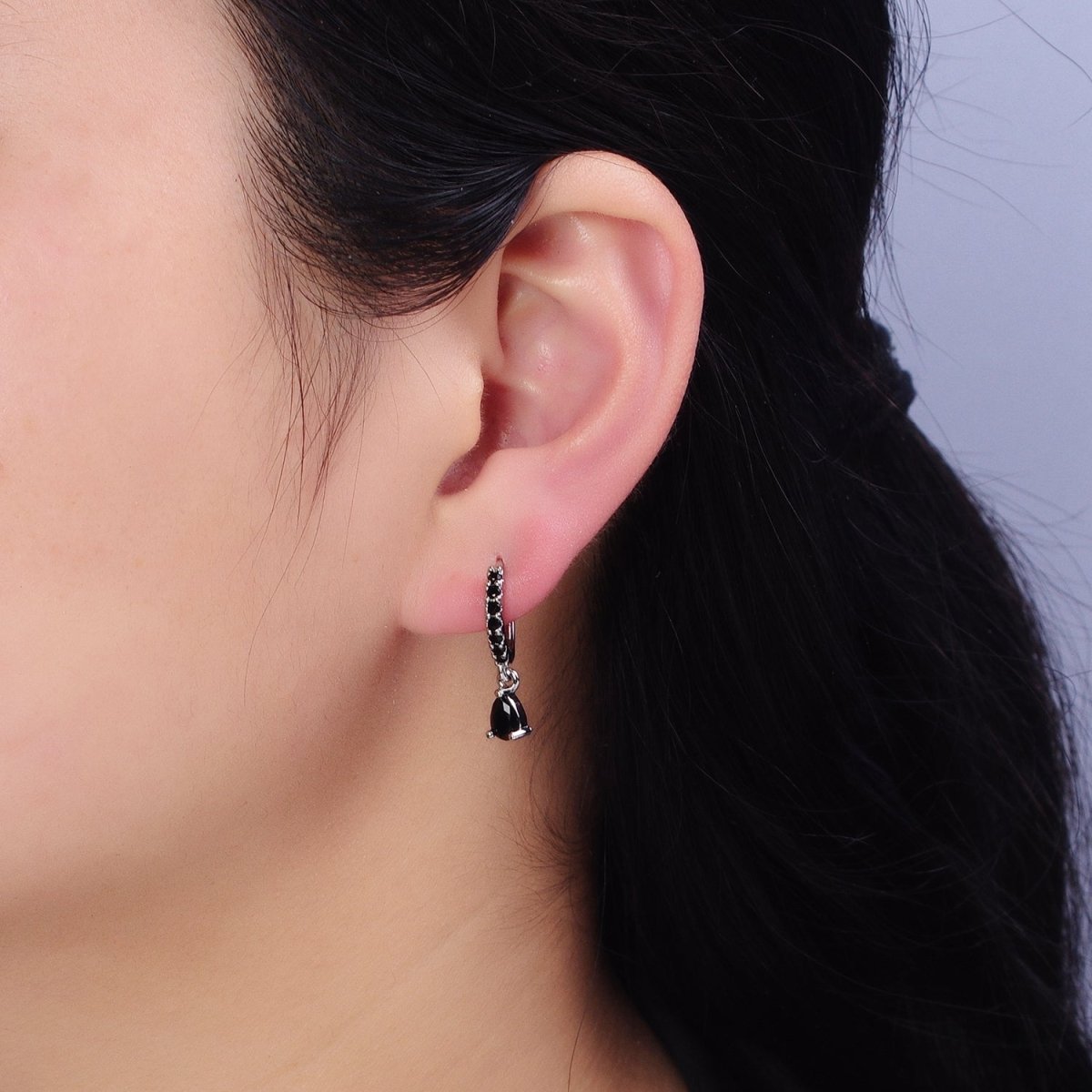 16K Gold Filled Black CZ Teardrop Micro Paved Huggie Earrings in Gold & Silver | AD839 AD840