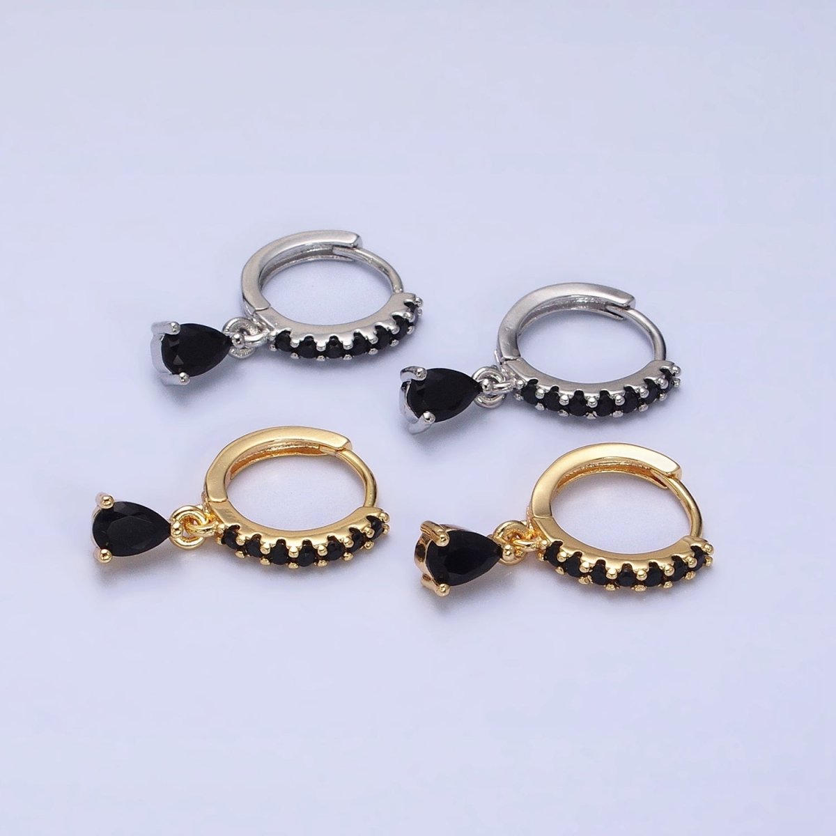 16K Gold Filled Black CZ Teardrop Micro Paved Huggie Earrings in Gold & Silver | AD839 AD840