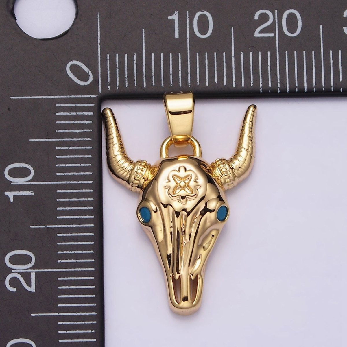 16K Gold Filled Blue Turquoise-Eyed Horned Ox Bull Head Animal Pendant | AA495