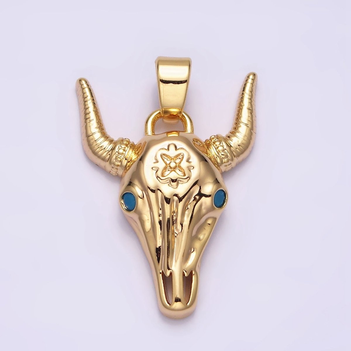16K Gold Filled Blue Turquoise-Eyed Horned Ox Bull Head Animal Pendant | AA495