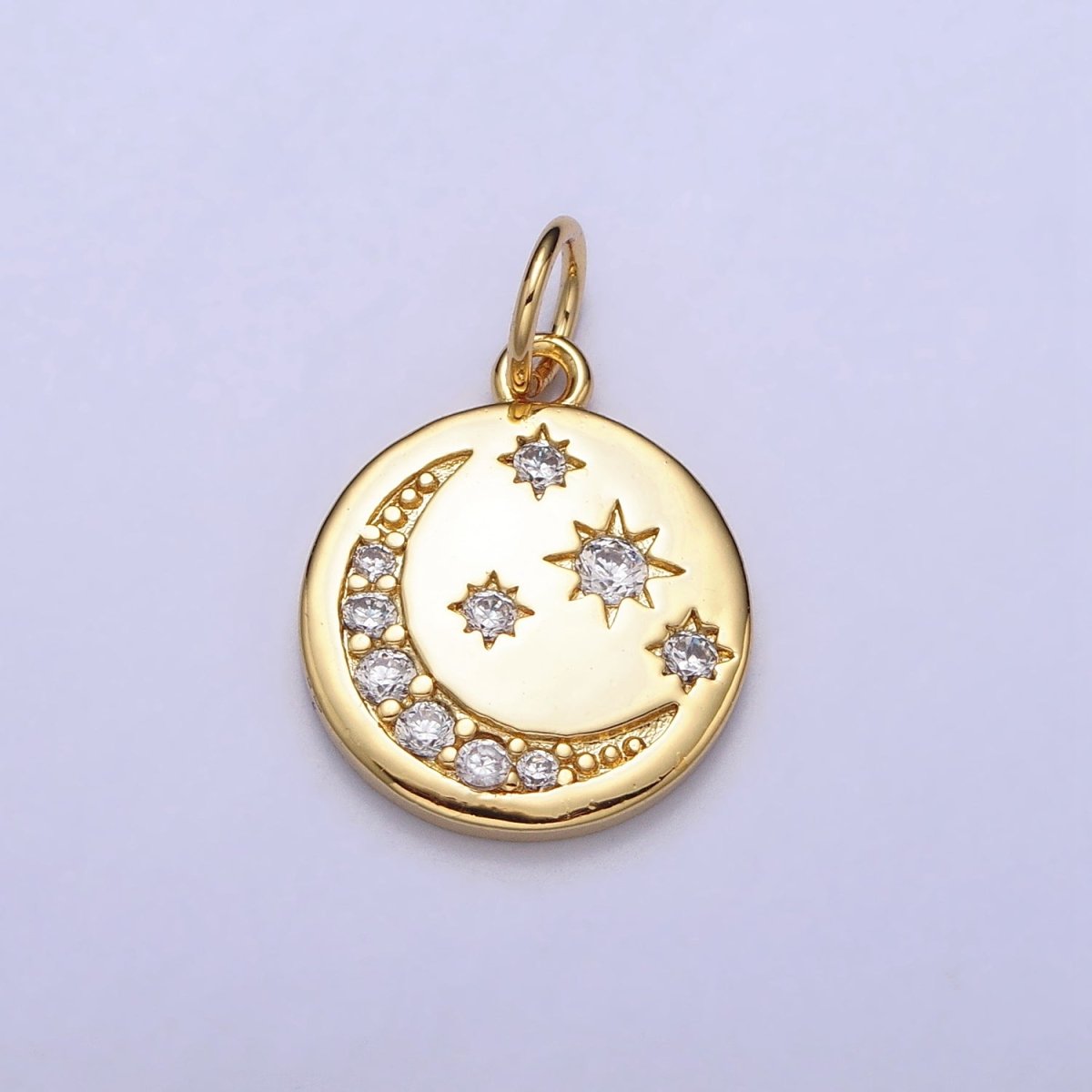 16K Gold Filled Celestial Crescent Moon Micro Paved CZ Round Charm in Gold & Silver | AC1282 AC1283