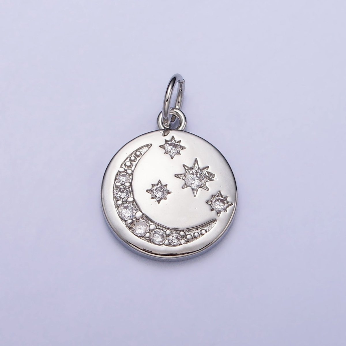 16K Gold Filled Celestial Crescent Moon Micro Paved CZ Round Charm in Gold & Silver | AC1282 AC1283