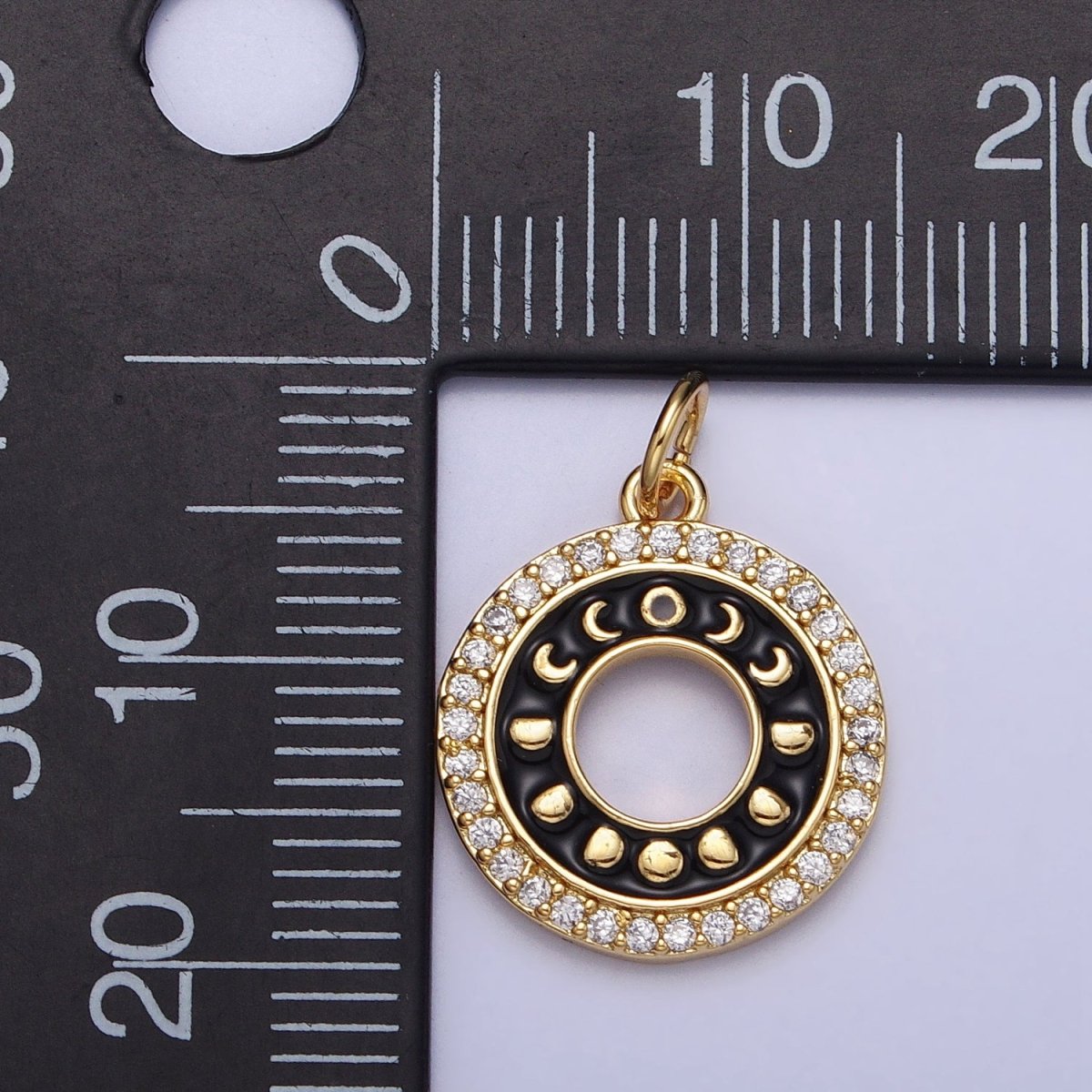 16K Gold Filled Celestial Lunar Moon Phases Black Enamel Micro Paved CZ Open Round Charm in Gold & Silver | AC1264 AC1265