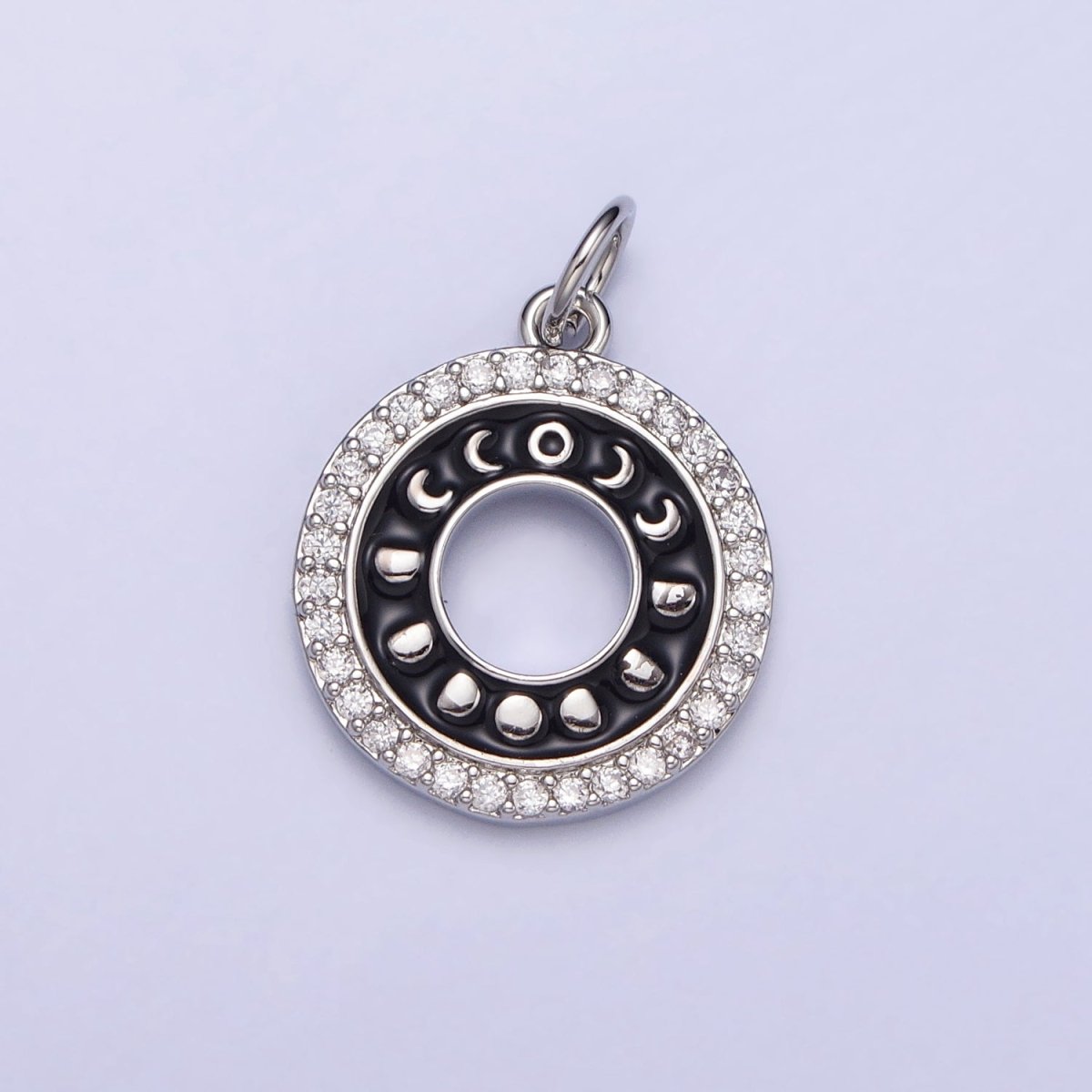 16K Gold Filled Celestial Lunar Moon Phases Black Enamel Micro Paved CZ Open Round Charm in Gold & Silver | AC1264 AC1265