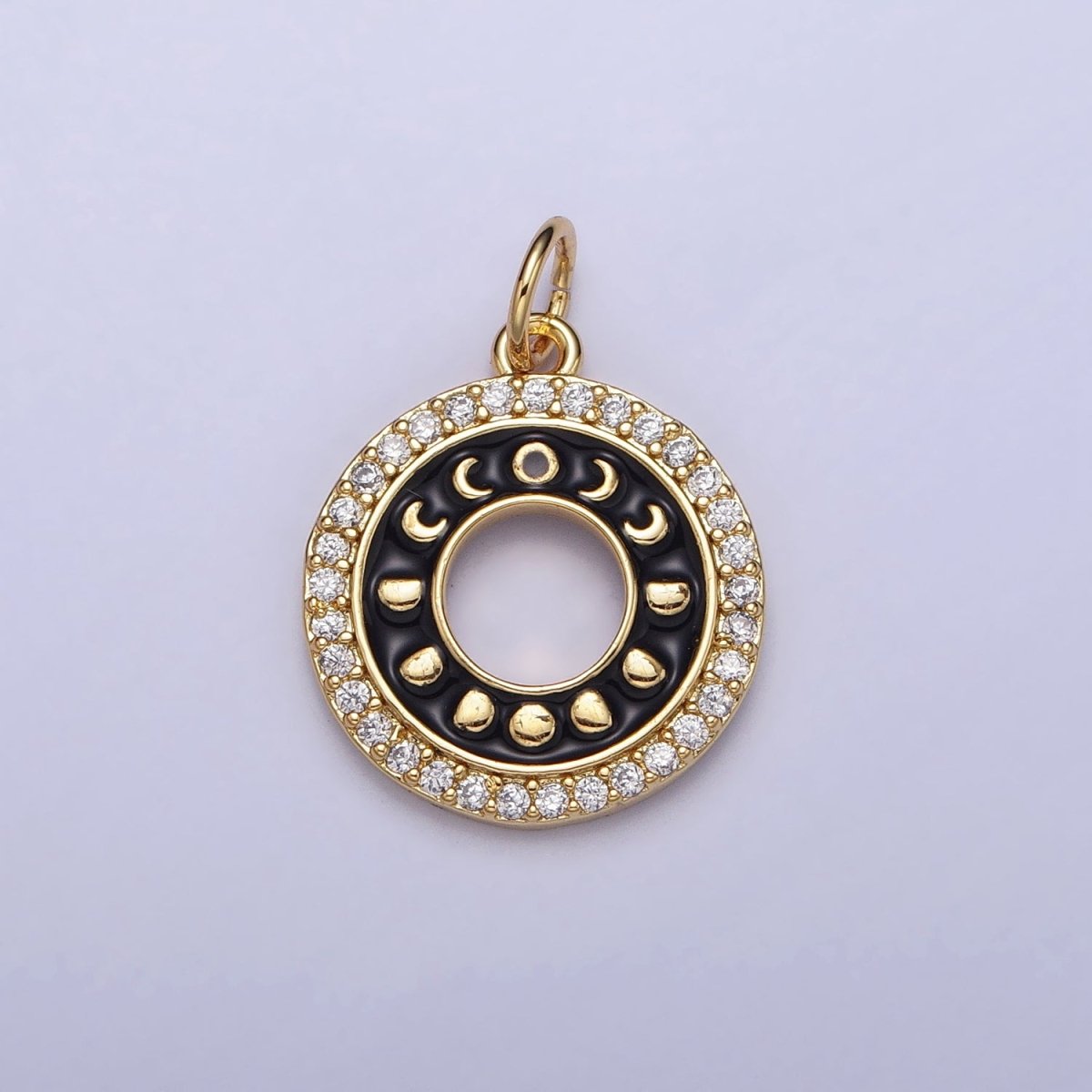 16K Gold Filled Celestial Lunar Moon Phases Black Enamel Micro Paved CZ Open Round Charm in Gold & Silver | AC1264 AC1265