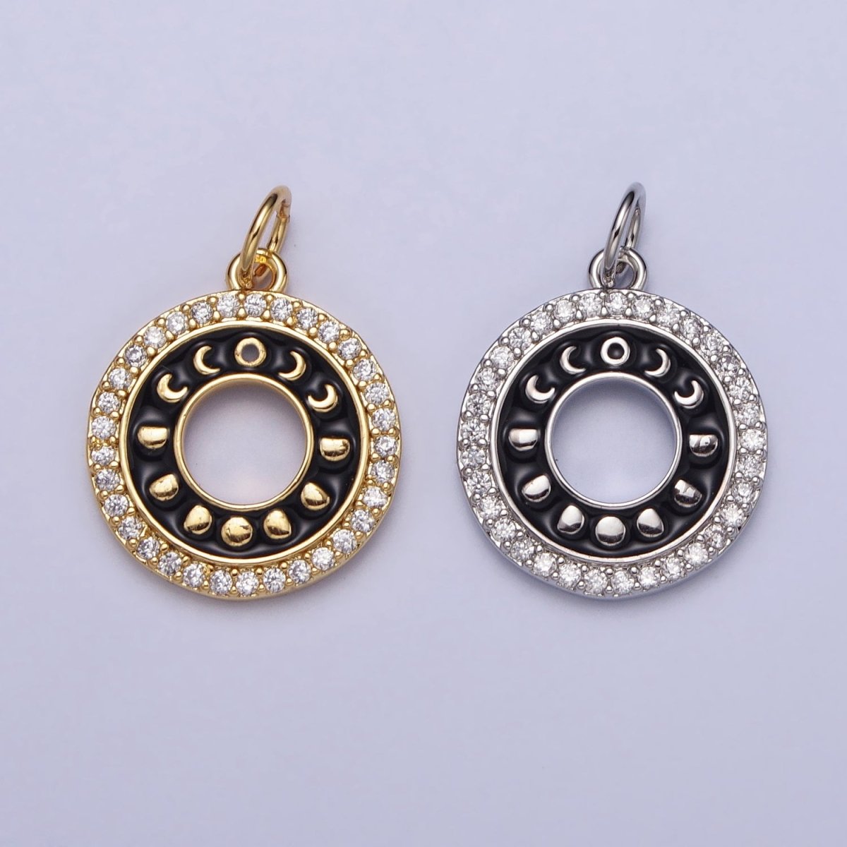 16K Gold Filled Celestial Lunar Moon Phases Black Enamel Micro Paved CZ Open Round Charm in Gold & Silver | AC1264 AC1265