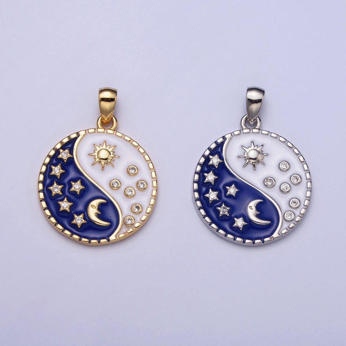 16K Gold Filled Celestial Yin Yang CZ Star White Sun Blue Moon Enamel Pendant in Gold & Silver | AA533 AA534