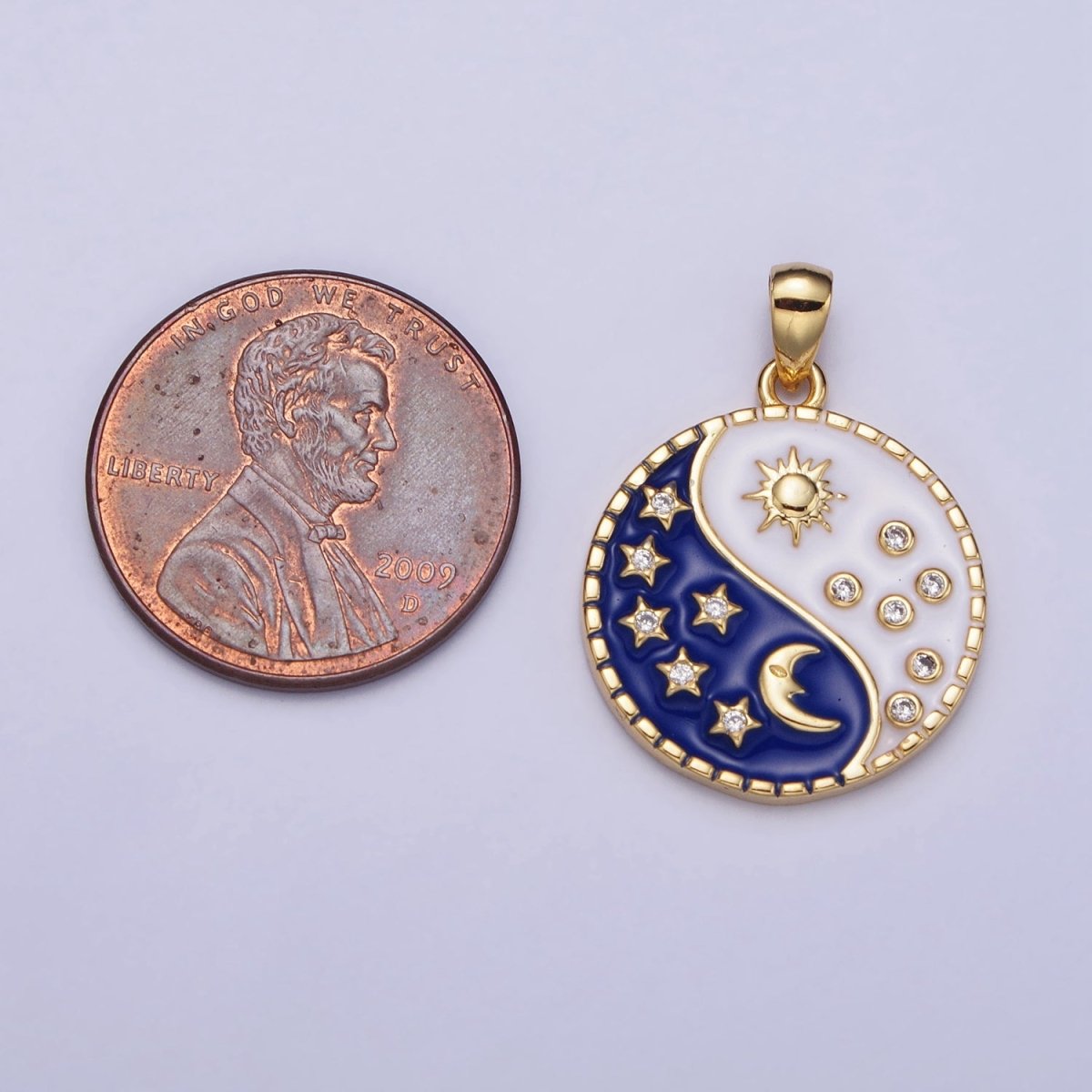 16K Gold Filled Celestial Yin Yang CZ Star White Sun Blue Moon Enamel Pendant in Gold & Silver | AA533 AA534