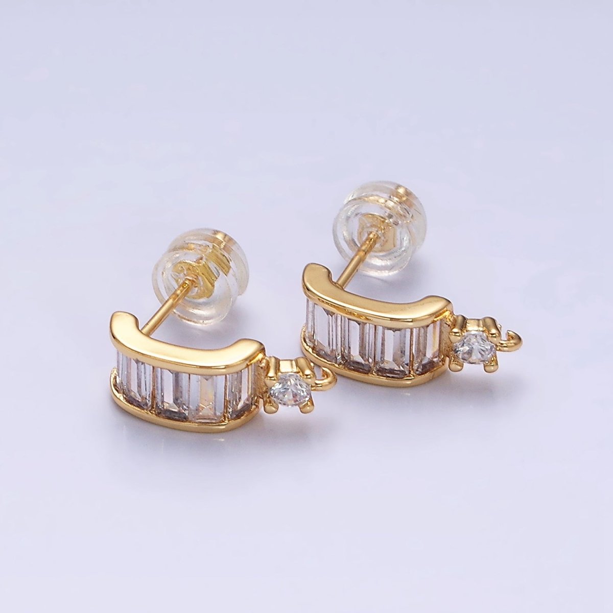 16K Gold Filled Clear Baguette Bar C-Shaped Open Loop Stud Earrings Supply in Gold & Silver | Z-423 Z-424