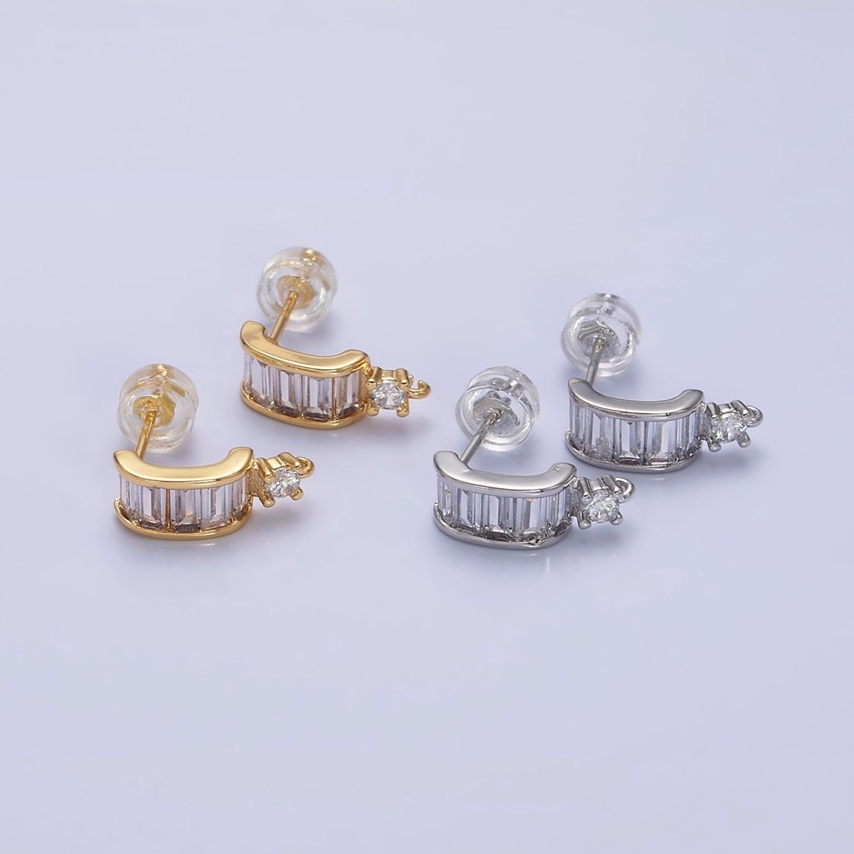 16K Gold Filled Clear Baguette Bar C-Shaped Open Loop Stud Earrings Supply in Gold & Silver | Z-423 Z-424