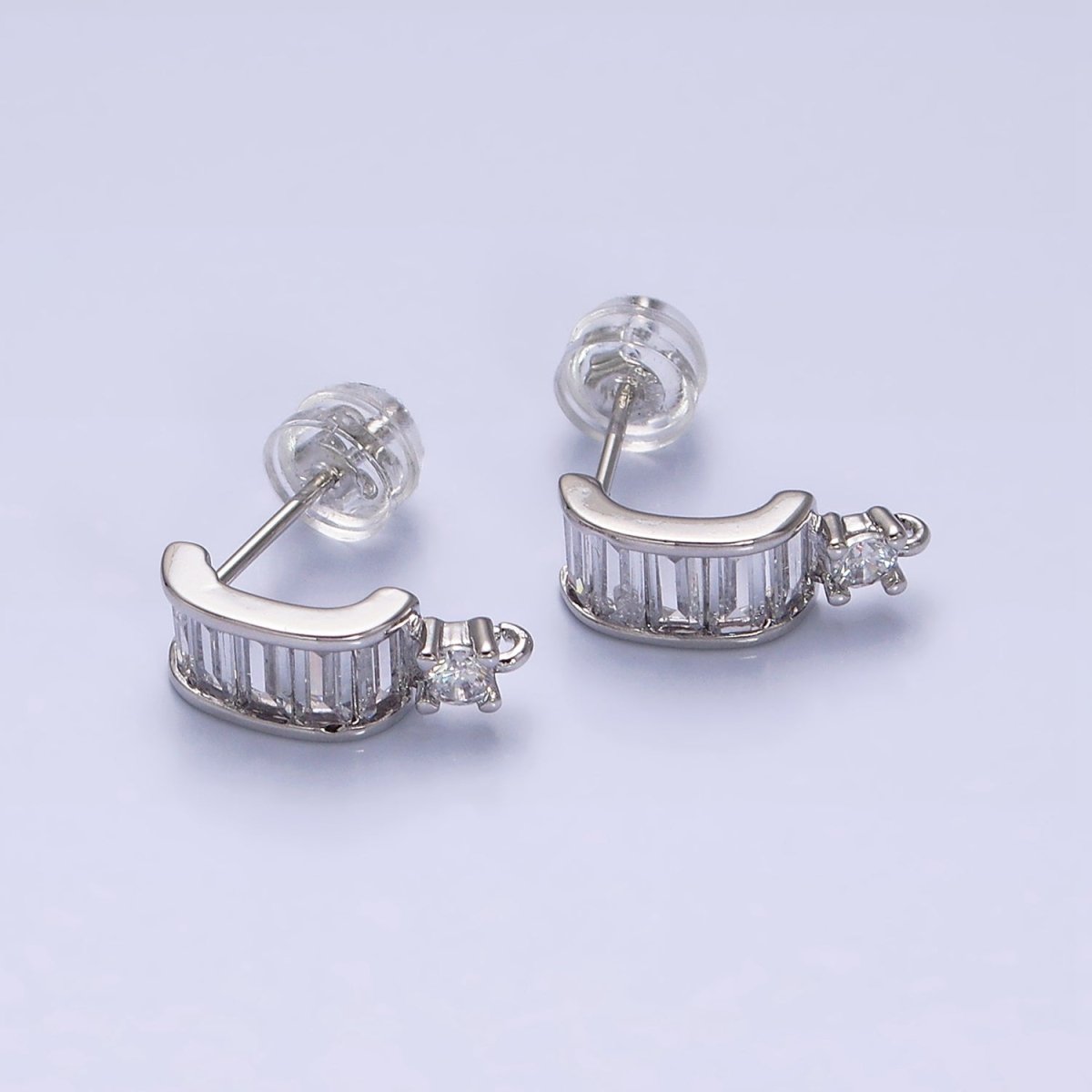 16K Gold Filled Clear Baguette Bar C-Shaped Open Loop Stud Earrings Supply in Gold & Silver | Z-423 Z-424