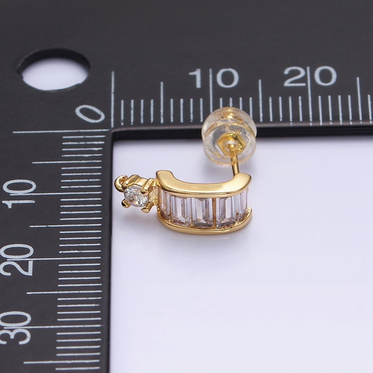 16K Gold Filled Clear Baguette Bar C-Shaped Open Loop Stud Earrings Supply in Gold & Silver | Z-423 Z-424