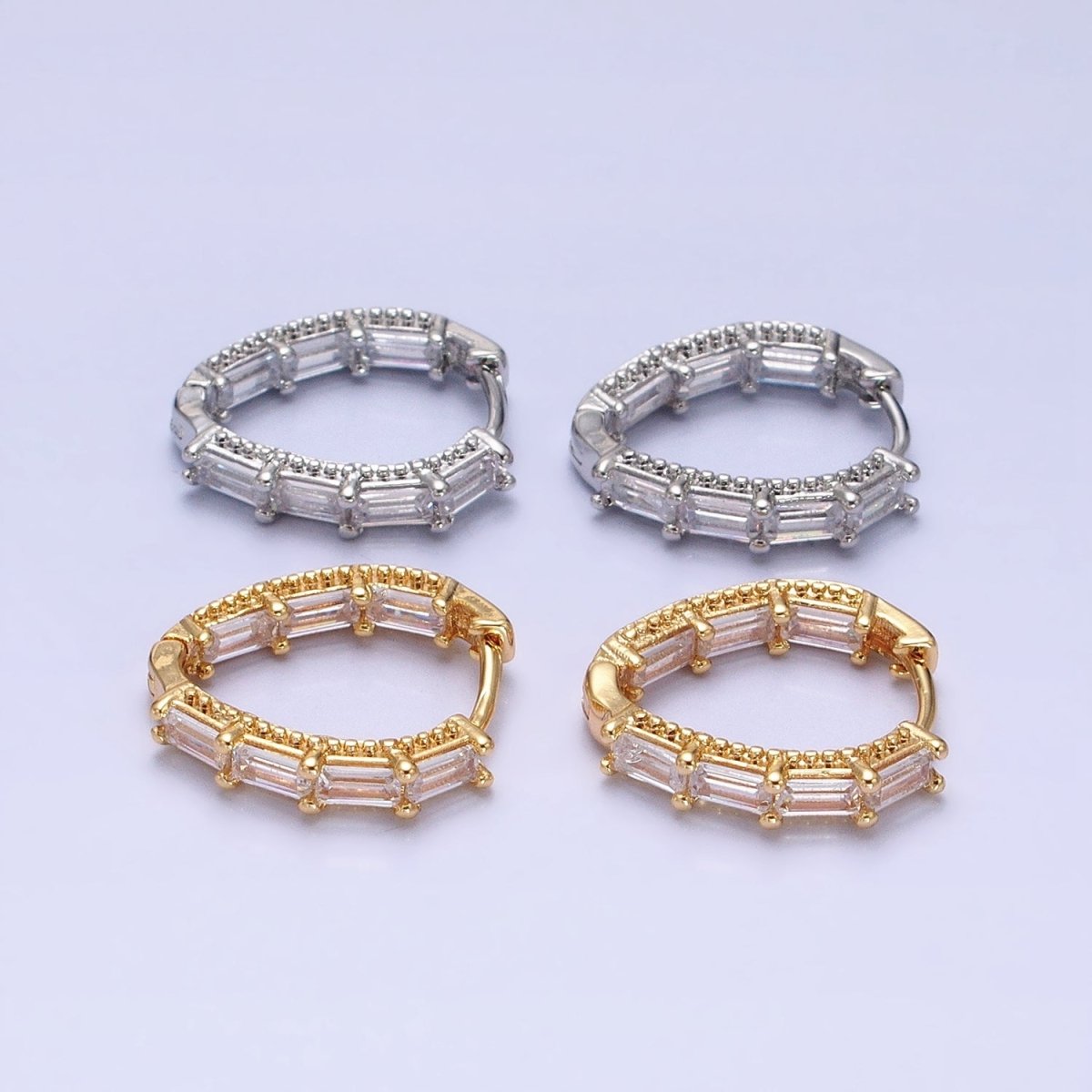 16K Gold Filled Clear Baguette CZ Front-Sided Triangle Hoop Earrings in Gold & Silver | AD909 AD910
