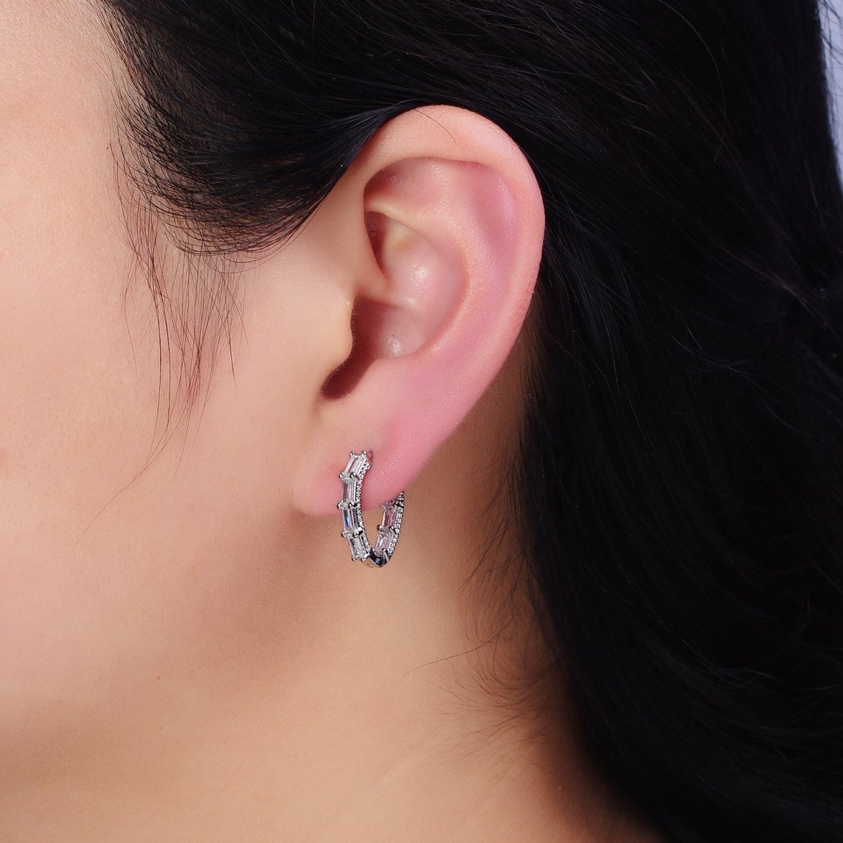 16K Gold Filled Clear Baguette CZ Front-Sided Triangle Hoop Earrings in Gold & Silver | AD909 AD910