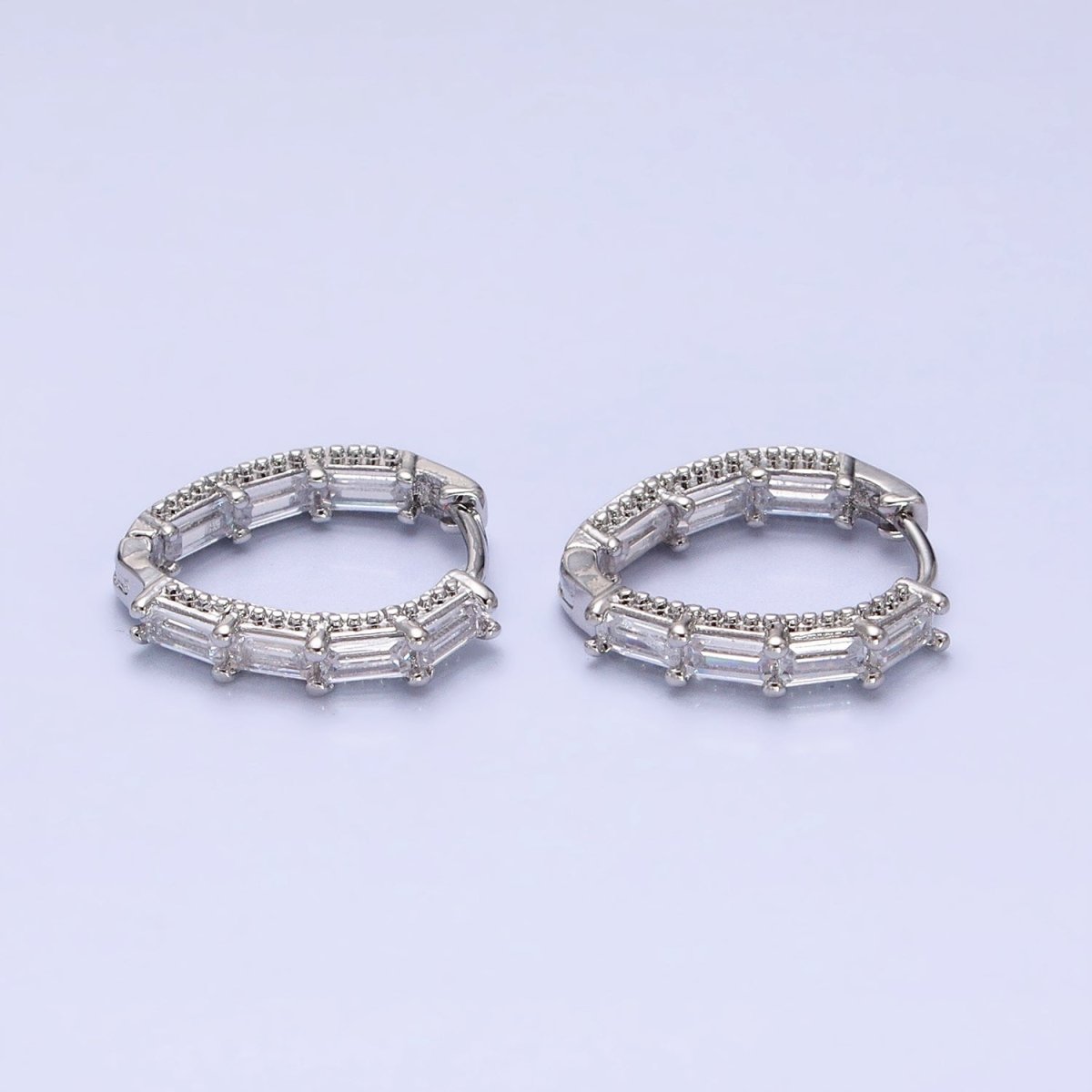 16K Gold Filled Clear Baguette CZ Front-Sided Triangle Hoop Earrings in Gold & Silver | AD909 AD910