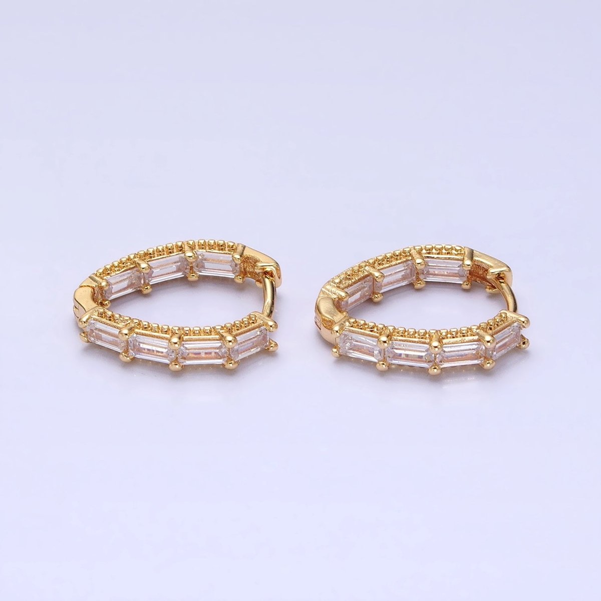 16K Gold Filled Clear Baguette CZ Front-Sided Triangle Hoop Earrings in Gold & Silver | AD909 AD910
