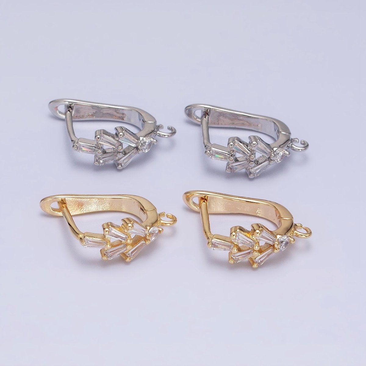 16K Gold Filled Clear Baguette CZ Open Loop English Lock Earrings in Gold & Silver | Z-237 Z-238