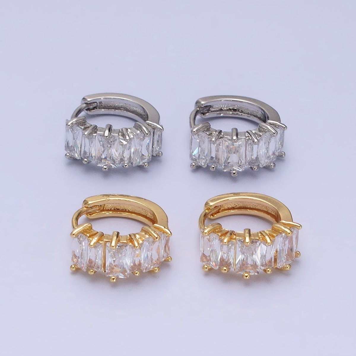 16K Gold Filled Clear Baguette Lined 13mm Huggie Earrings in Gold & Silver | AD845 AD846