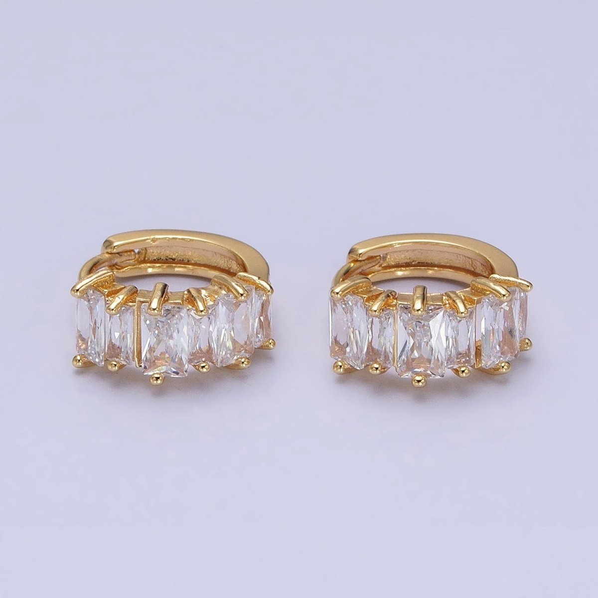 16K Gold Filled Clear Baguette Lined 13mm Huggie Earrings in Gold & Silver | AD845 AD846