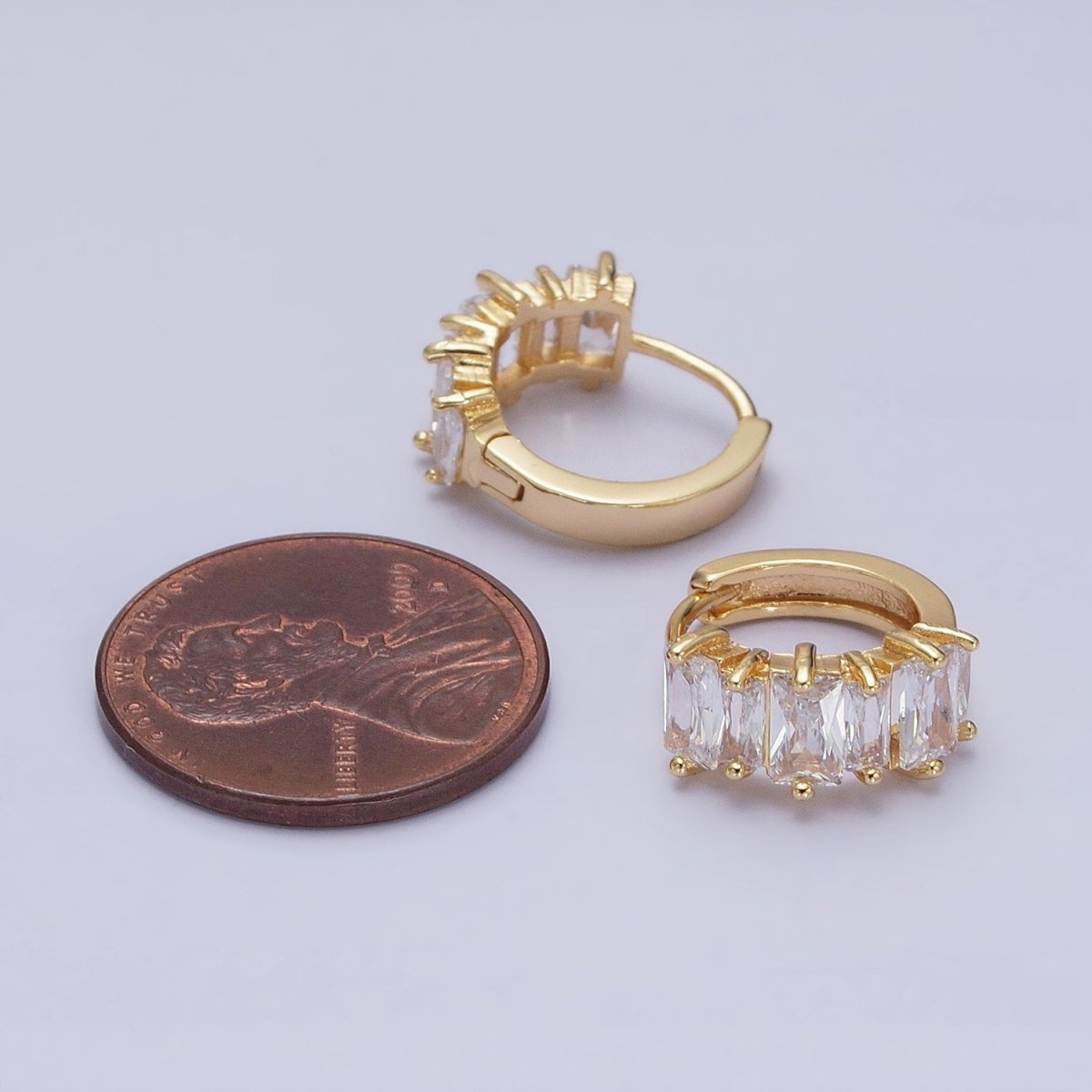 16K Gold Filled Clear Baguette Lined 13mm Huggie Earrings in Gold & Silver | AD845 AD846