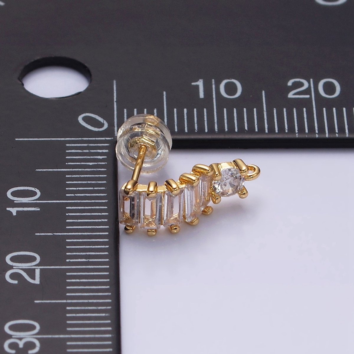 16K Gold Filled Clear Baguette Lined Curved C-Shaped with Open Link Earrings Supply in Gold & Silver | Z-411 Z-412
