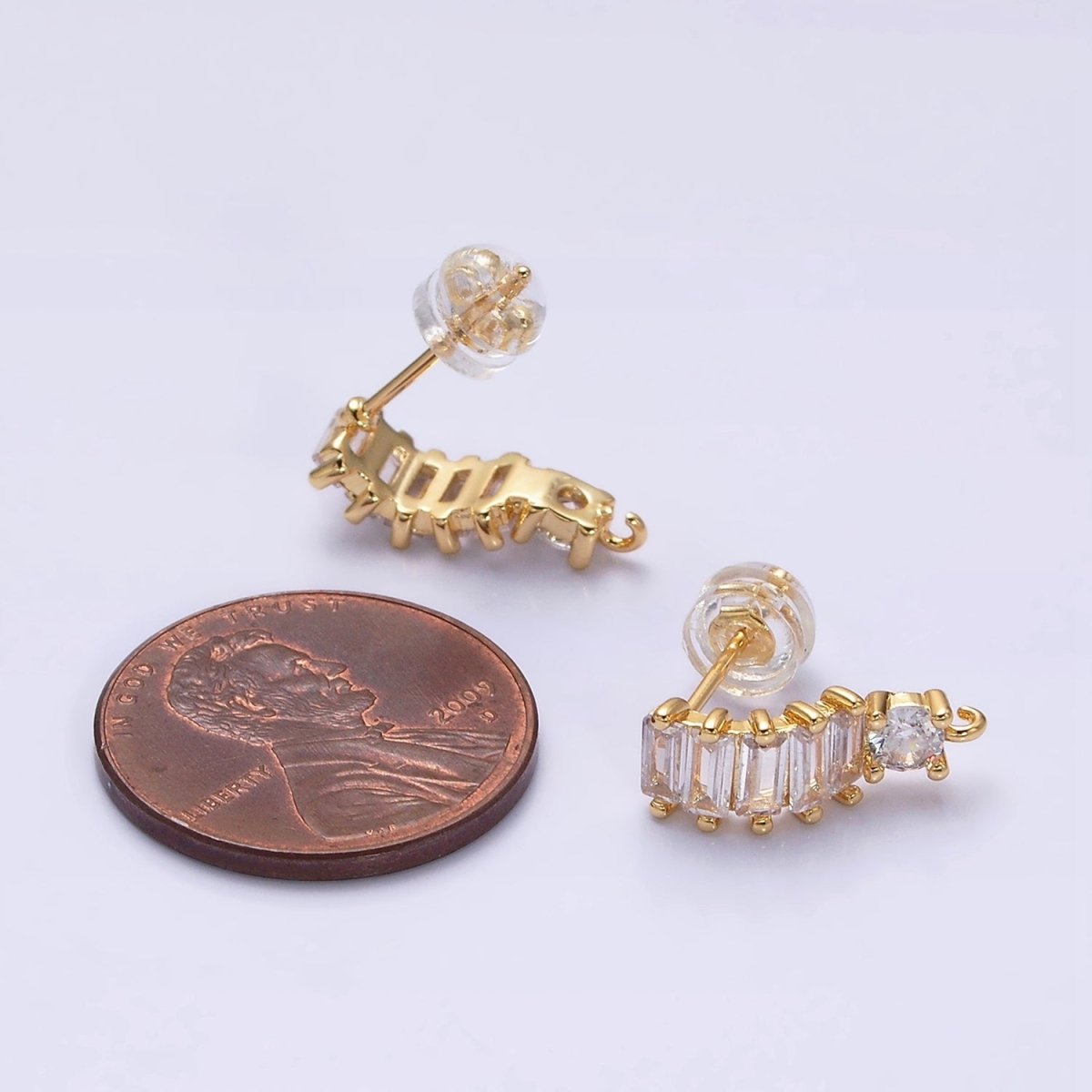 16K Gold Filled Clear Baguette Lined Curved C-Shaped with Open Link Earrings Supply in Gold & Silver | Z-411 Z-412