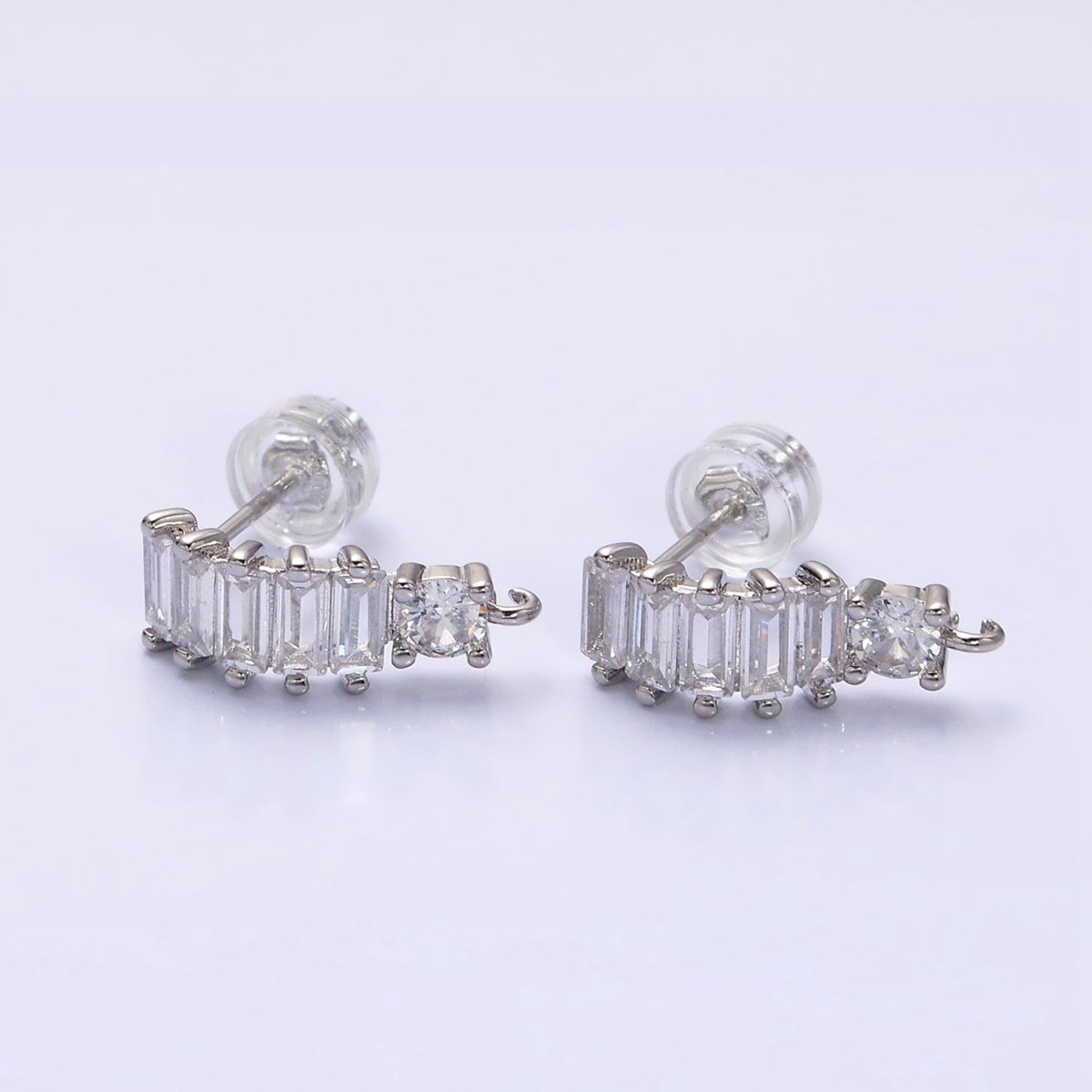 16K Gold Filled Clear Baguette Lined Curved C-Shaped with Open Link Earrings Supply in Gold & Silver | Z-411 Z-412