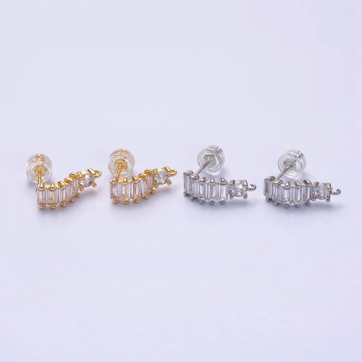 16K Gold Filled Clear Baguette Lined Curved C-Shaped with Open Link Earrings Supply in Gold & Silver | Z-411 Z-412