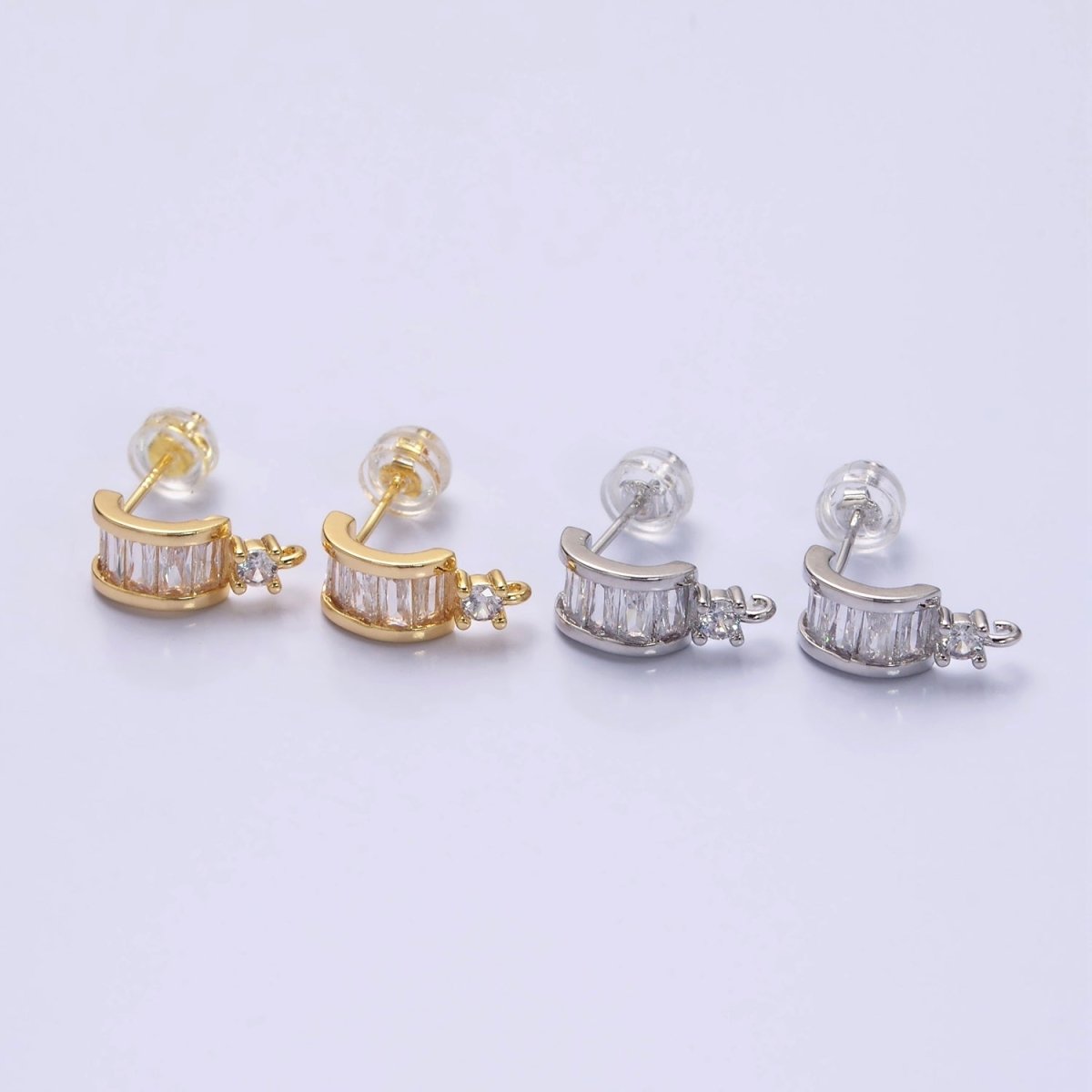 16K Gold Filled Clear Baguette Lined CZ Drop Open Loop C-Shaped Hoop Earrings in Gold & Silver | Z-409 Z-410